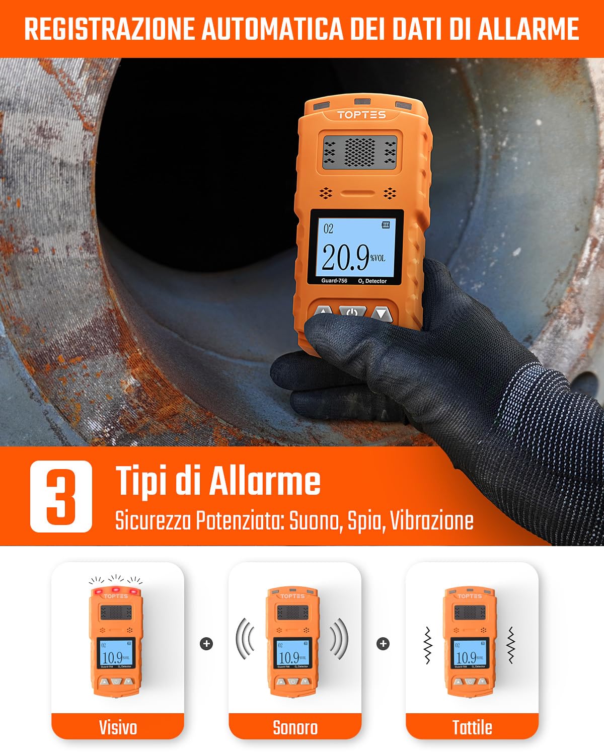 TopTes Guard-756 Monitor O2 Aggiornato, Rilevatore di Ossigeno Portatile, Risposta in 0,5s, Ricaricabile, con Allarmi a Vibrazione, Visivi & Sonori, Resistente a Polvere ed Esplos., per Lavoro e Casa
