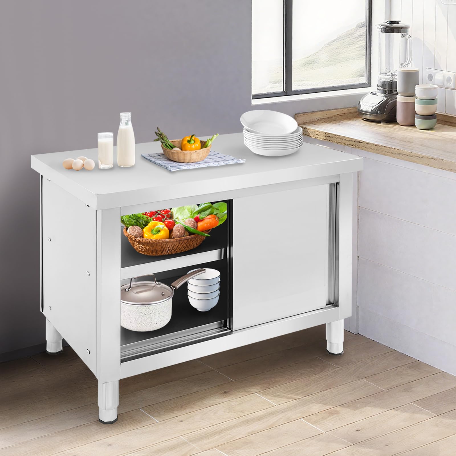 Edelstahl Schrank mit Schiebetüren, Outdoor Küche Edelstahl Tisch Gastro, Freistehender Arbeitsschrank Küchenarbeitstisch für Restaurant, Garage und Küche (100 * 60 * 80cm)