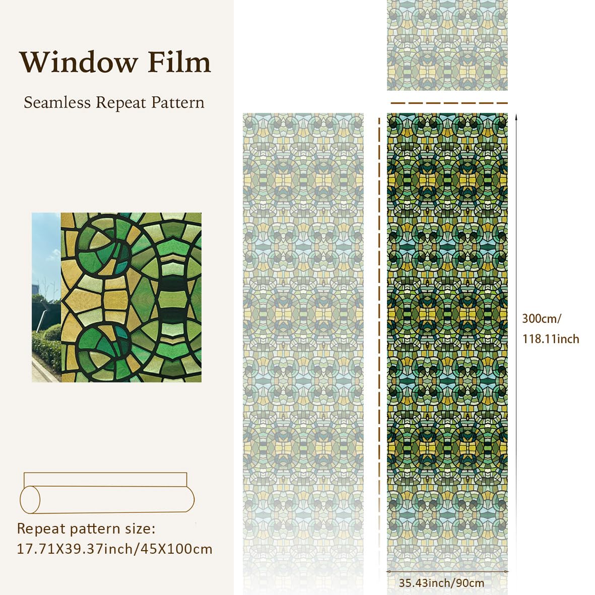 Funlife Film pour fenêtre en verre dépoli à effet vitrail - Adhésif statique à face unique pour salle de bain - Mosaïque en verre vert, 90 x 300 cm