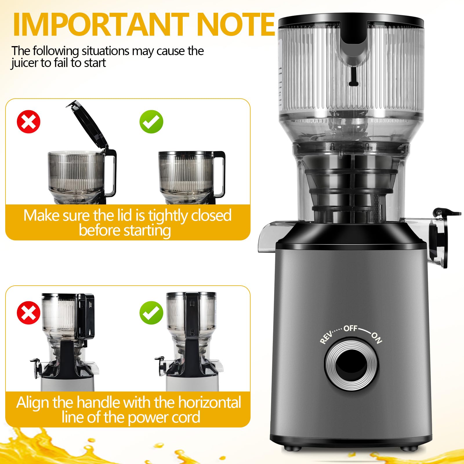 Cold Press Juicer with 5.8" Extra Wide Feed Chute - Slow Masticating Juicer Machine for Whole Fruits & Vegetables - High Juice Yield, Self Feeding, Easy to Clean & Assemble