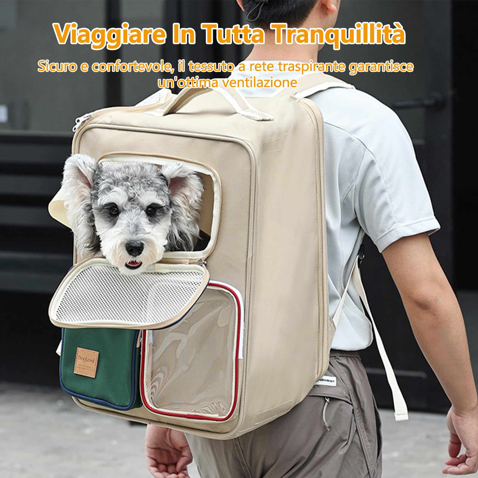 Galatée Zaino Per Animali Domestici, Realizzato In Poliestere Traspirante e Resistente, Uno Zaino Multiuso Con Spallacci e Maniglie(Color Kaki,Con Asta Di Comando)