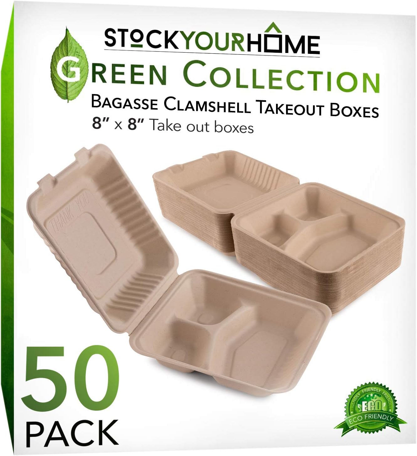 STOCK YOUR HOME Bagasse Clamshell Takeout Containers, Biodegradable Eco Friendly Take Out to Go Food Containers with Lids for Lunch Leftover Meal Prep Storage, Microwave and Freezer Safe (8x8) : Industrial & Scientific