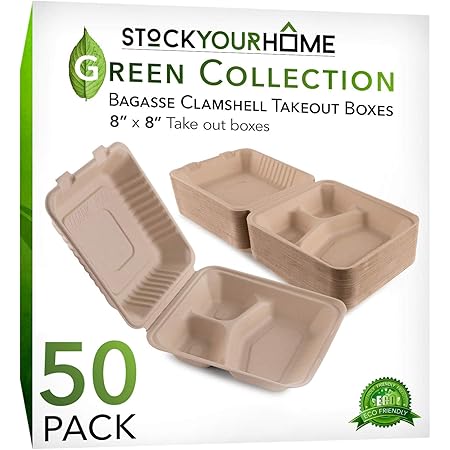 STOCK YOUR HOME Bagasse Clamshell Takeout Containers, Biodegradable Eco Friendly Take Out to Go Food Containers with Lids for Lunch Leftover Meal Prep Storage, Microwave and Freezer Safe (8x8)