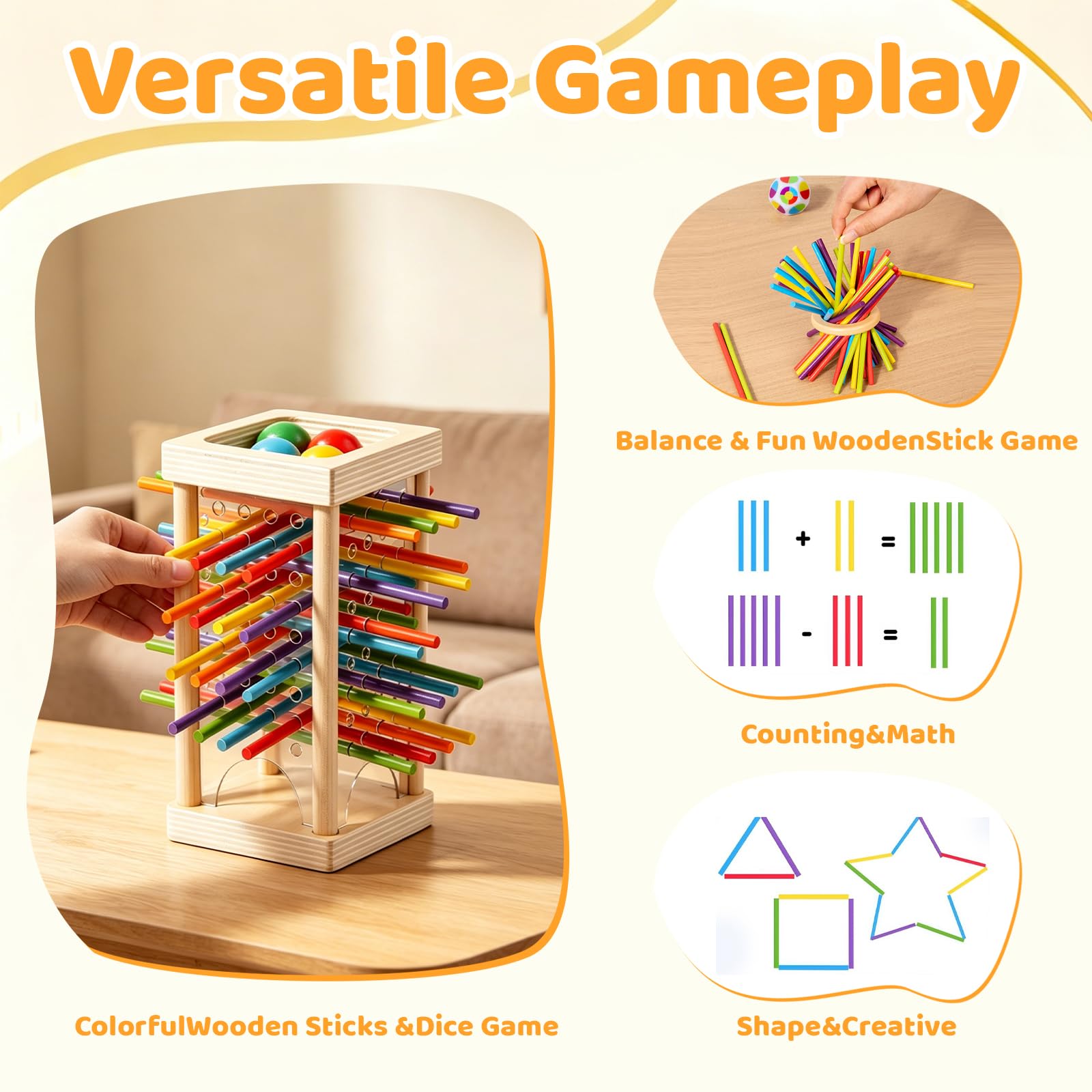 Giochi Montessori 3 4 5 6 Anni, Gioco Montessori 6 Anni in Legno con 30 Bastoncini Colorati e Dadi, Giochi per Bambini per Motricità Fine, Regalo Bambino Maschio e Femmina, Attività Familiare