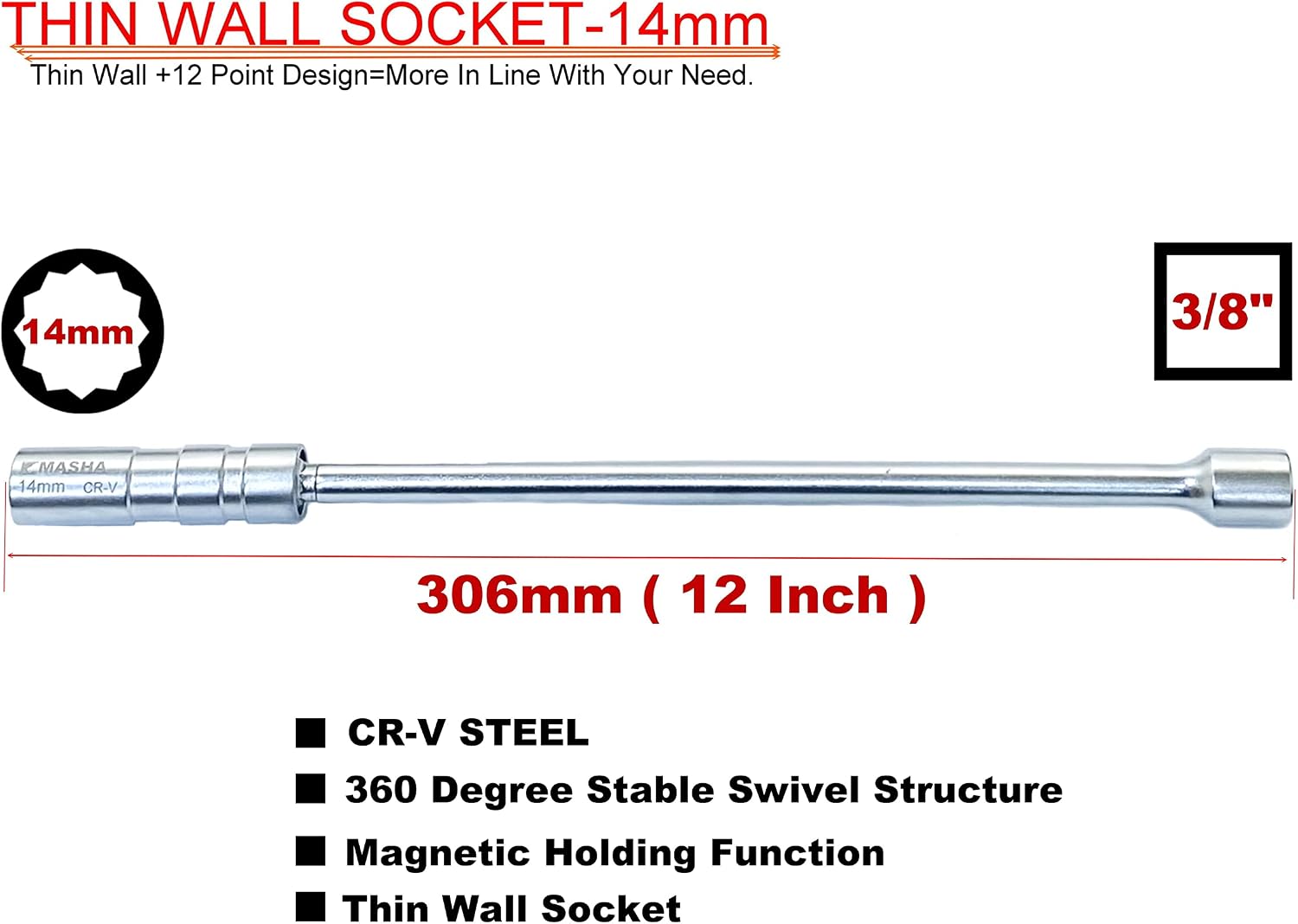 14mm Swivel Magnetic With Thin Wall Spark Plug Socket,3/8 Inch Driver × 12 Inch Total Length,12-Point Thin Wall Socket With Enhanced Magnetic Design for BMW,Mini,Nissan