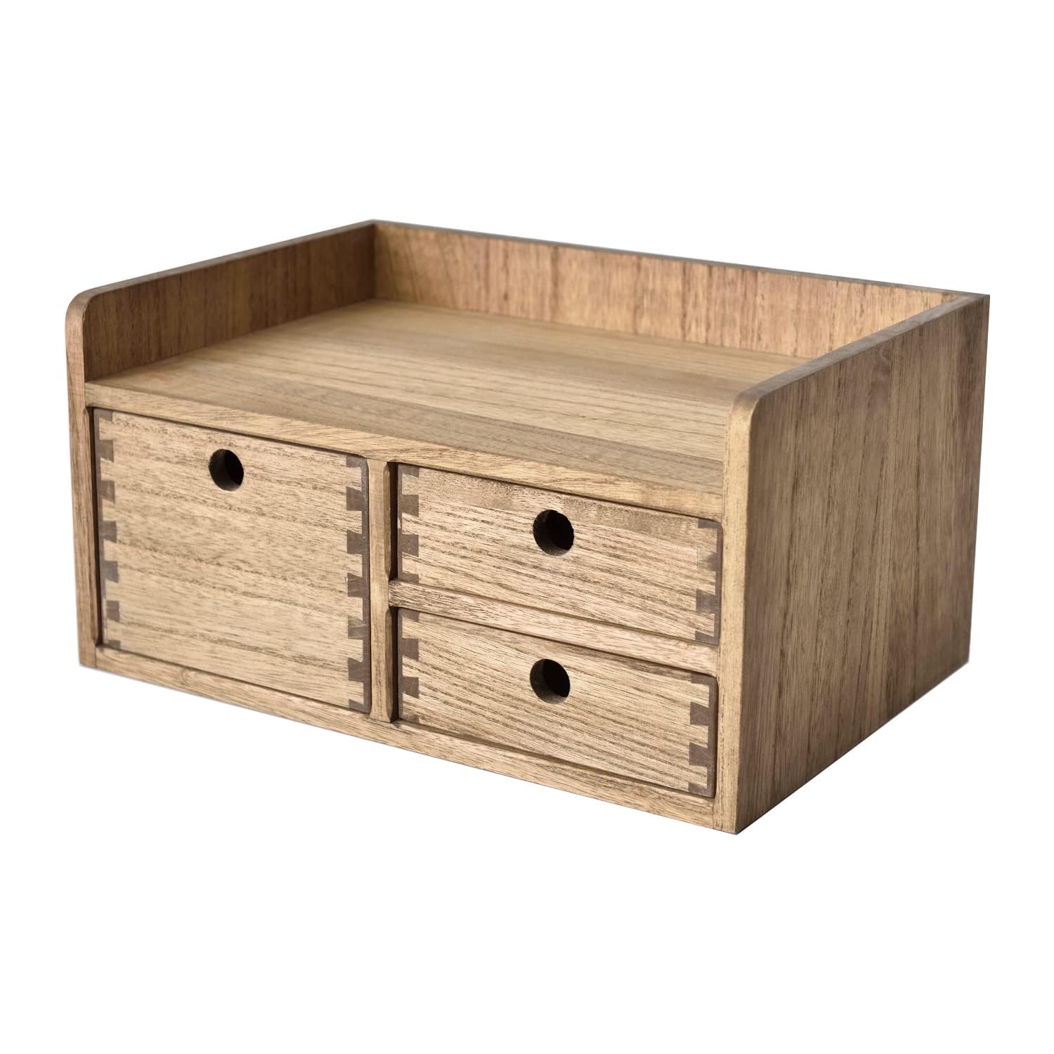 KIRIGEN Wooden Desk Organiser with 3 Drawers and Shelf, Brown