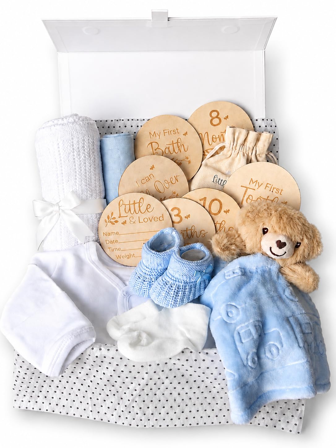 Little Ts Luxury Baby Boy Gift Hamper – New Baby Gift Set with Baby Blanket, Baby All in one, Comforter & Milestone Discs – Newborn Baby Shower Gift