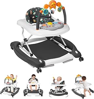Baby Walker, 5 in 1 Baby Walkers for Boys Girls 6-12 Months, Foldable Walkers for Babies with Bouncer & Feeding Tray, Music, Adjustable Heights, Activity Walker for Infant