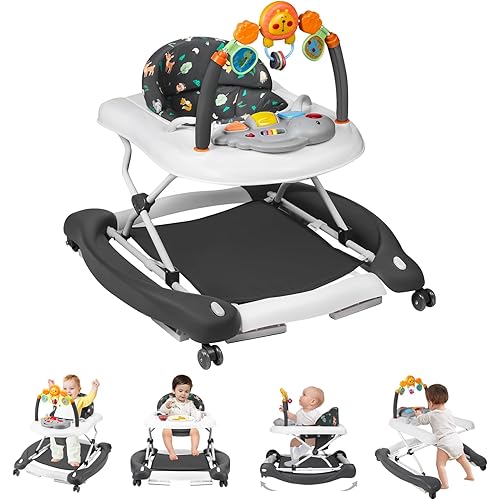 Baby Walker, 5 in 1 Baby Walkers for Boys Girls 6-12 Months, Foldable Walkers for Babies with Bouncer & Feeding Tray, Music, Adjustable Heights, Activity Walker for Infant