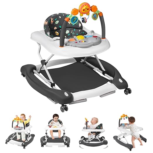 Baby Walker, 5 in 1 Baby Walkers for Boys Girls 6-12 Months, Foldable Walkers for Babies with Bouncer & Feeding Tray, Music, Adjustable Heights, Activity Walker for Infant