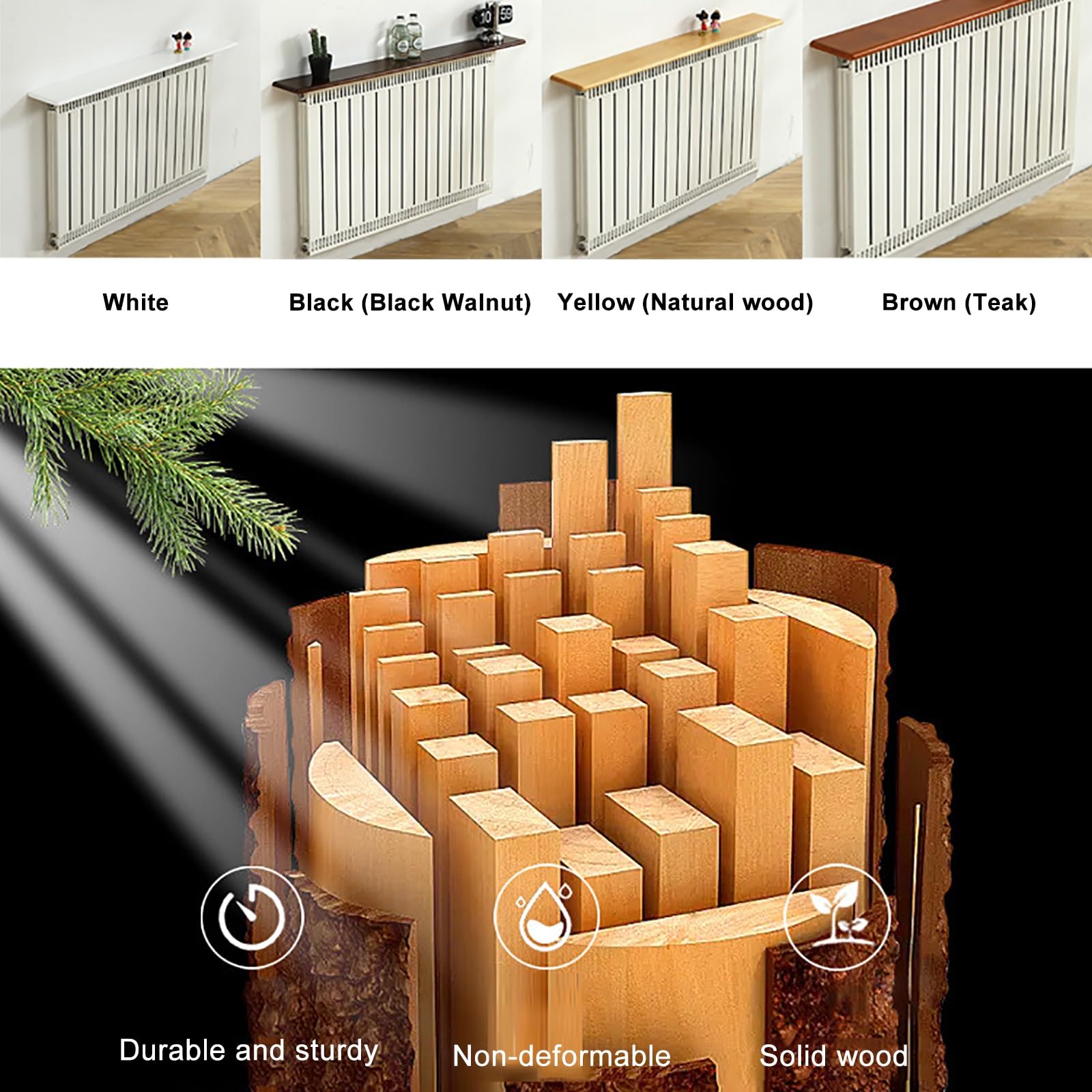 Estante de pared para radiador, reflector de calor sin soporte, estante de almacenamiento de madera (negro, 20 x 130 cm), mejora la eficiencia del calor interior y la nización del espacio