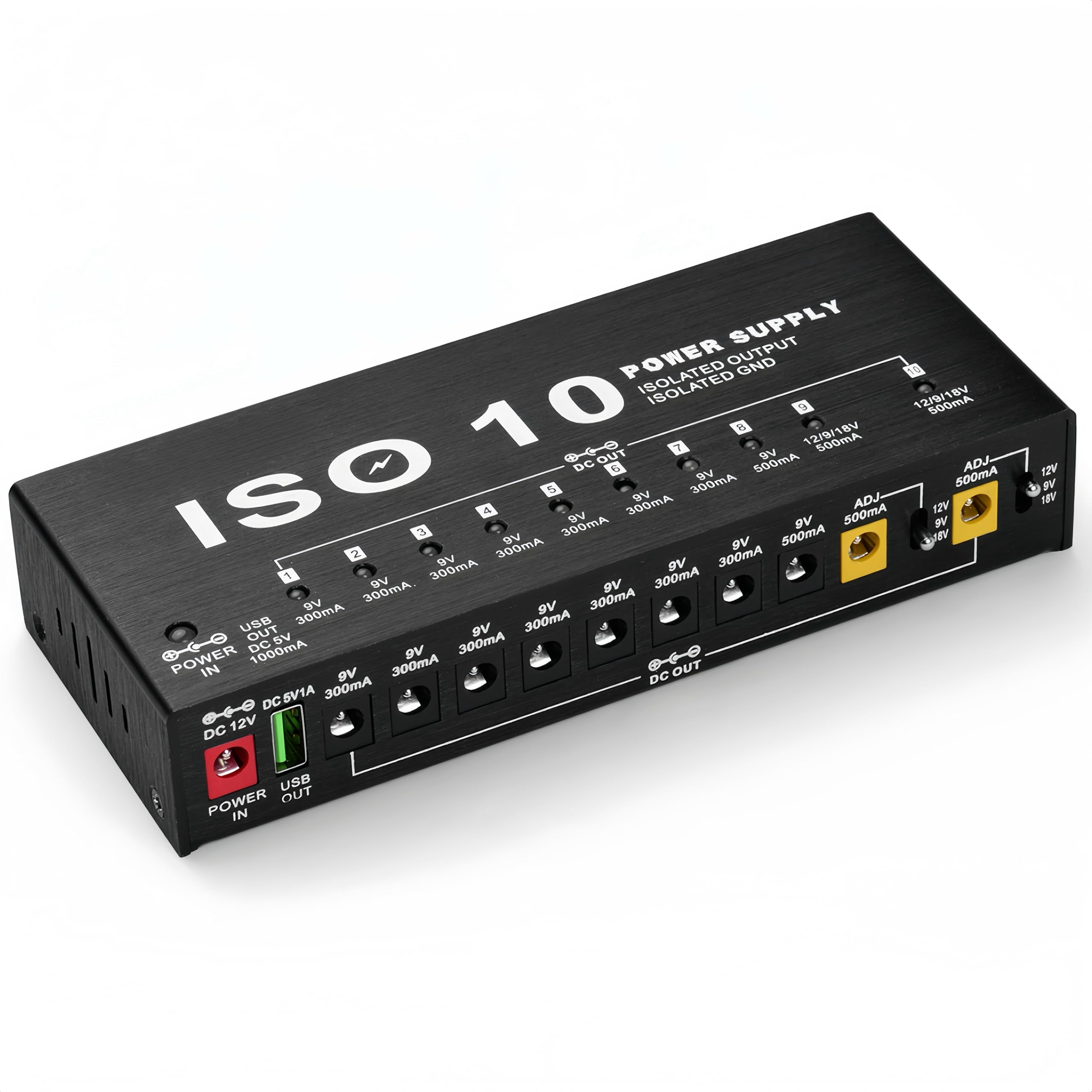 Alimentation pour pédale de guitare, 10 alimentations isolées réglables à sortie CC, petite alimentation portable avec indicateur lumineux LED pour pédale de guitare 9 V 12 V 18 V 300 mA 500 mA