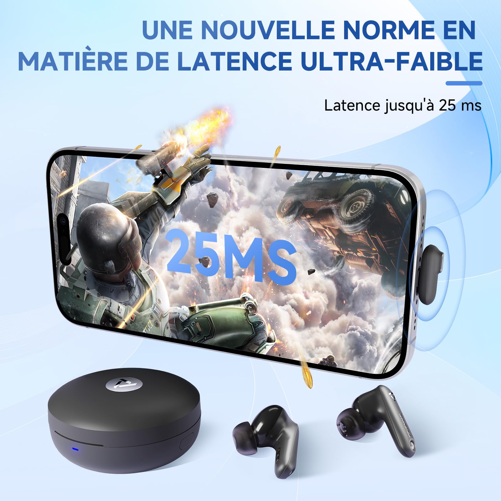 PRISMXR Écouteurs de Jeu sans Fil Compatible avec Meta Quest 3/3S/2, PS5/4, Switch 2017, Faible Latence de 25ms, Écouteurs Bluetooth 2,4GHz avec Dongle USB-C - Vega T1, Noir