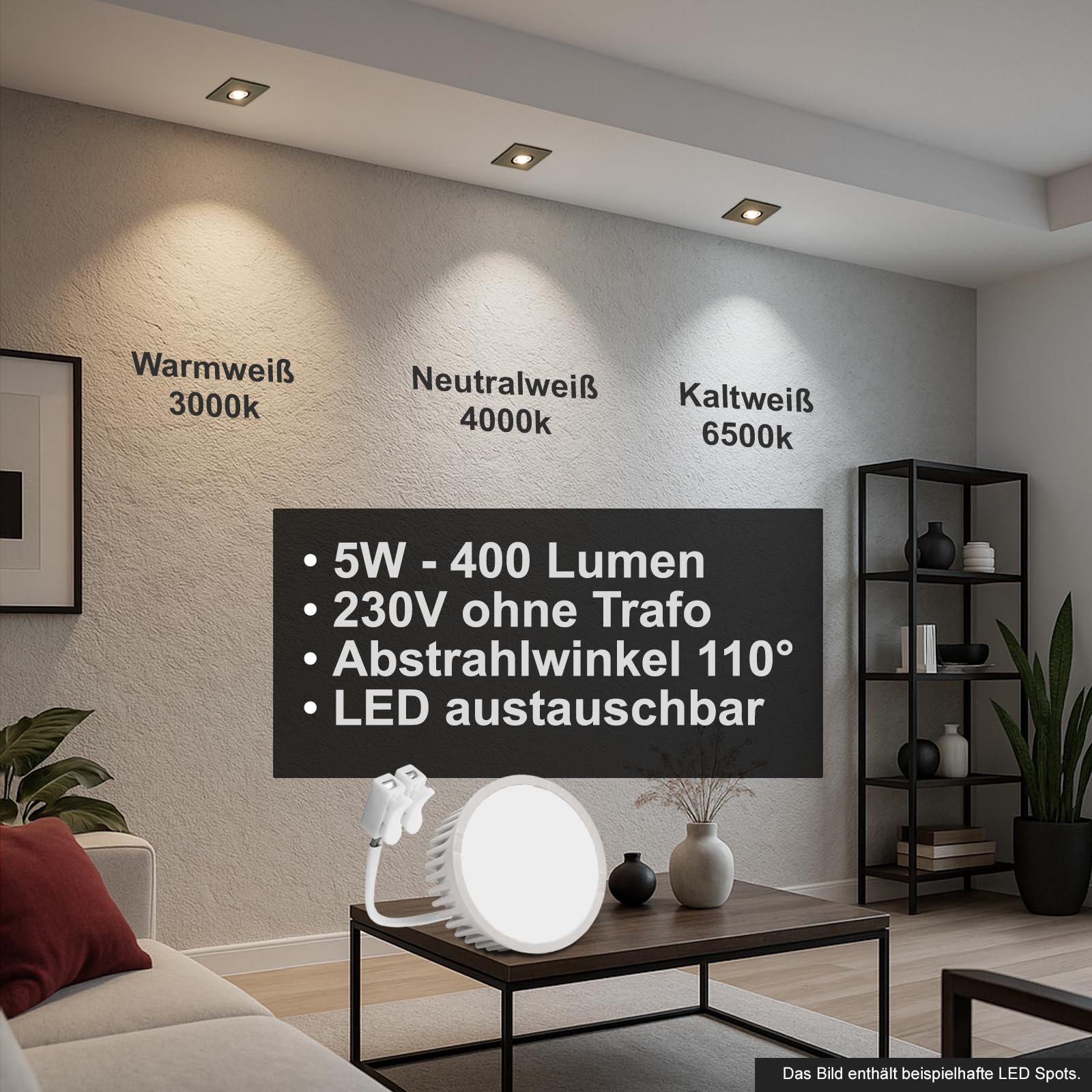 trendlights24 Carree-C LED Einbaustrahler dimmbar flach 230V Weiß 5W 3x Set
