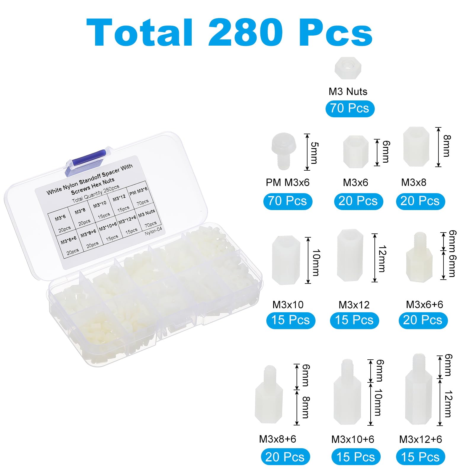 PATIKIL M3 Male Female Nylon Hex Spacer Standoff Kit, 280Pcs Motherboard Standoffs Assortment Kit, Electrical Outlet Spacers - Image 2