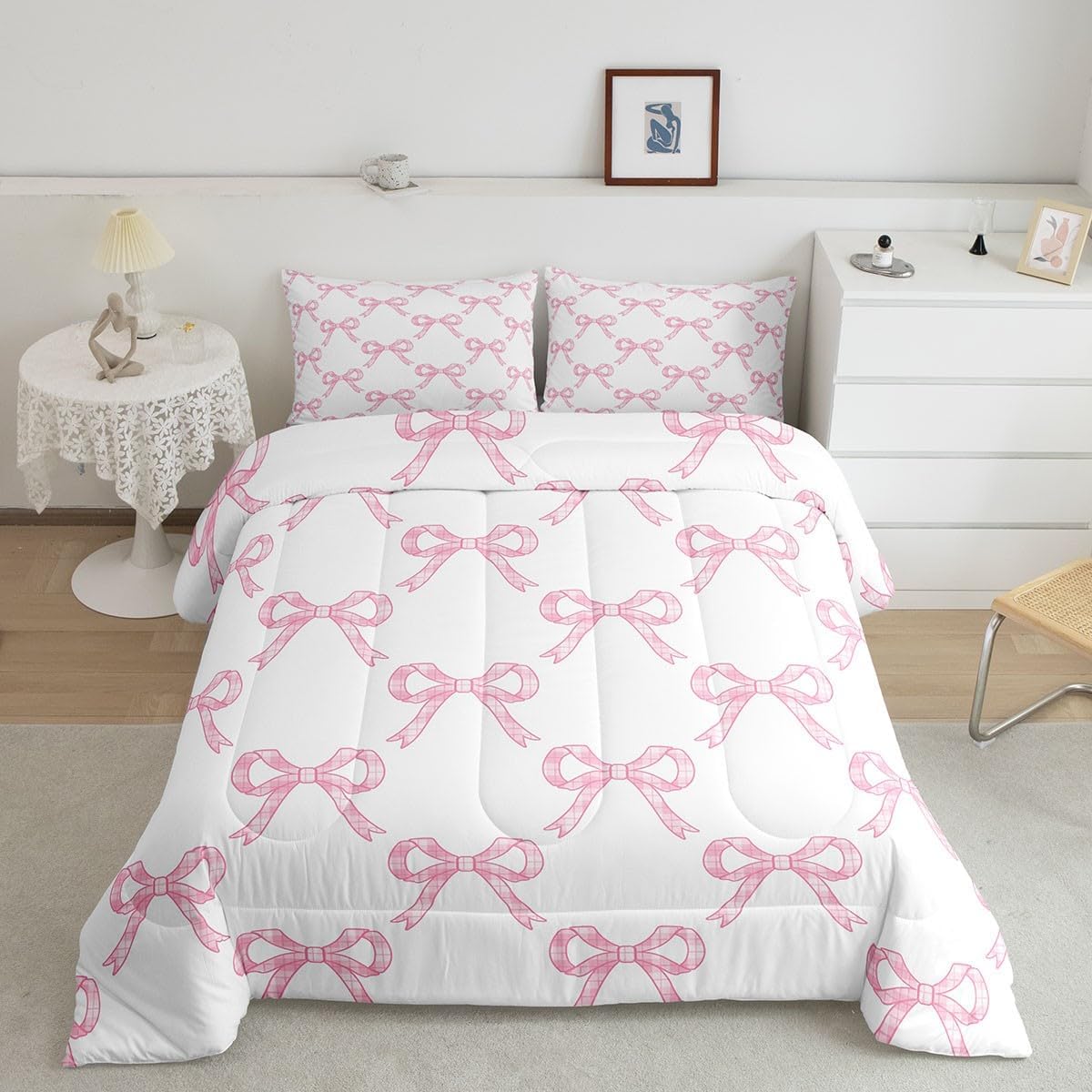 Girls Women Pink Kids Toddler Comforter Sets,Pink Girly Bowknot Reversible Bedding Set,Cute Fantasy Princess 2 Pieces Quilt Sets,Kawaii Bow Tie Plaid Print Duvet Insert,1 Pillow Case