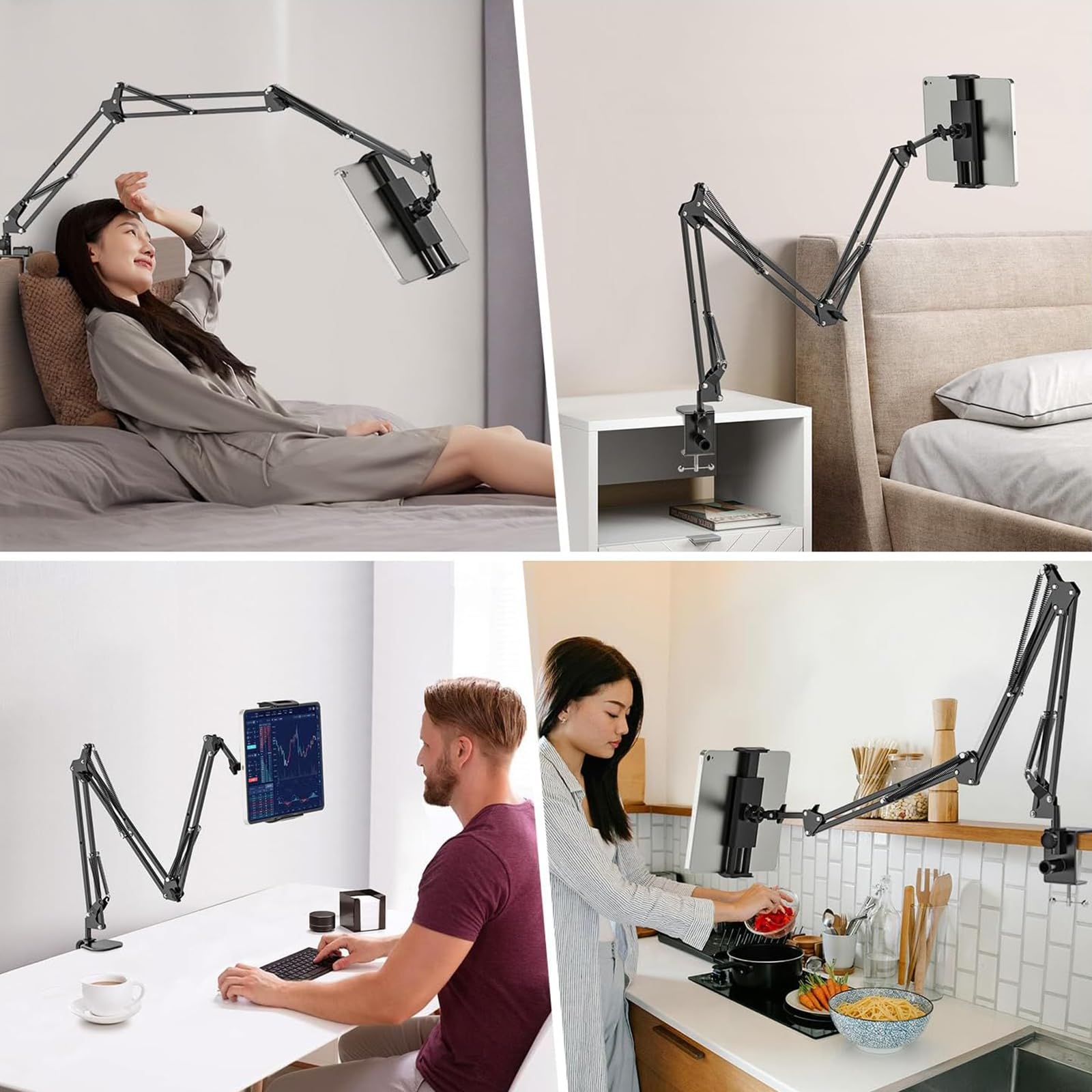 Support Telephone Lit, Flexible Long Bras Rotation 360° Réglable, 4,7-12,9 Pouces, Lisez en Position Allongée sans Avoir à Tenir Votre Kindle, Votre Téléphone Portable ou Votre Tablette