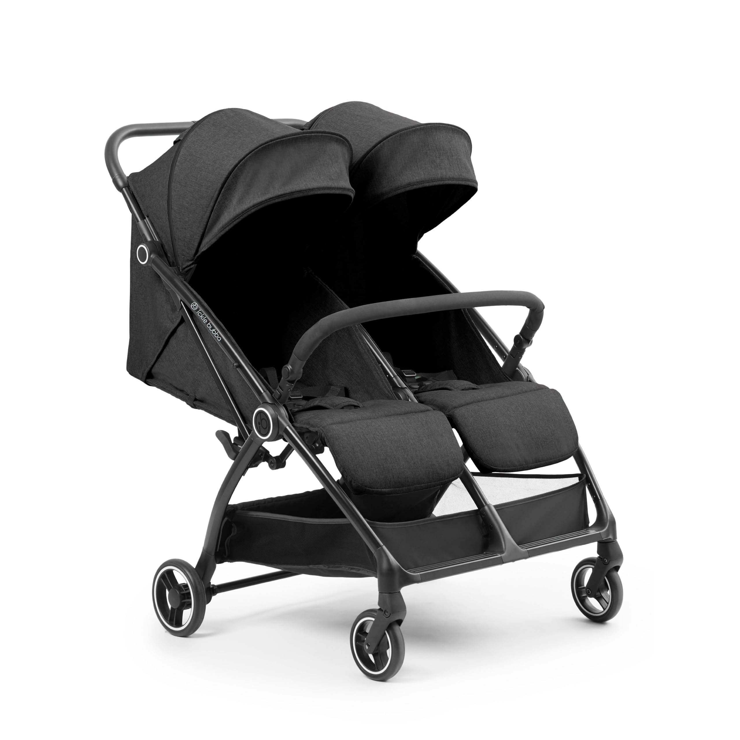 Ickle Bubba Aries Poussette double auto-pliable (gris graphite) – Poussette jumelle fine et légère de 10,5 kg, pliage automatique à une main, sièges réglables, pare-soleil ventilés, housse de pluie