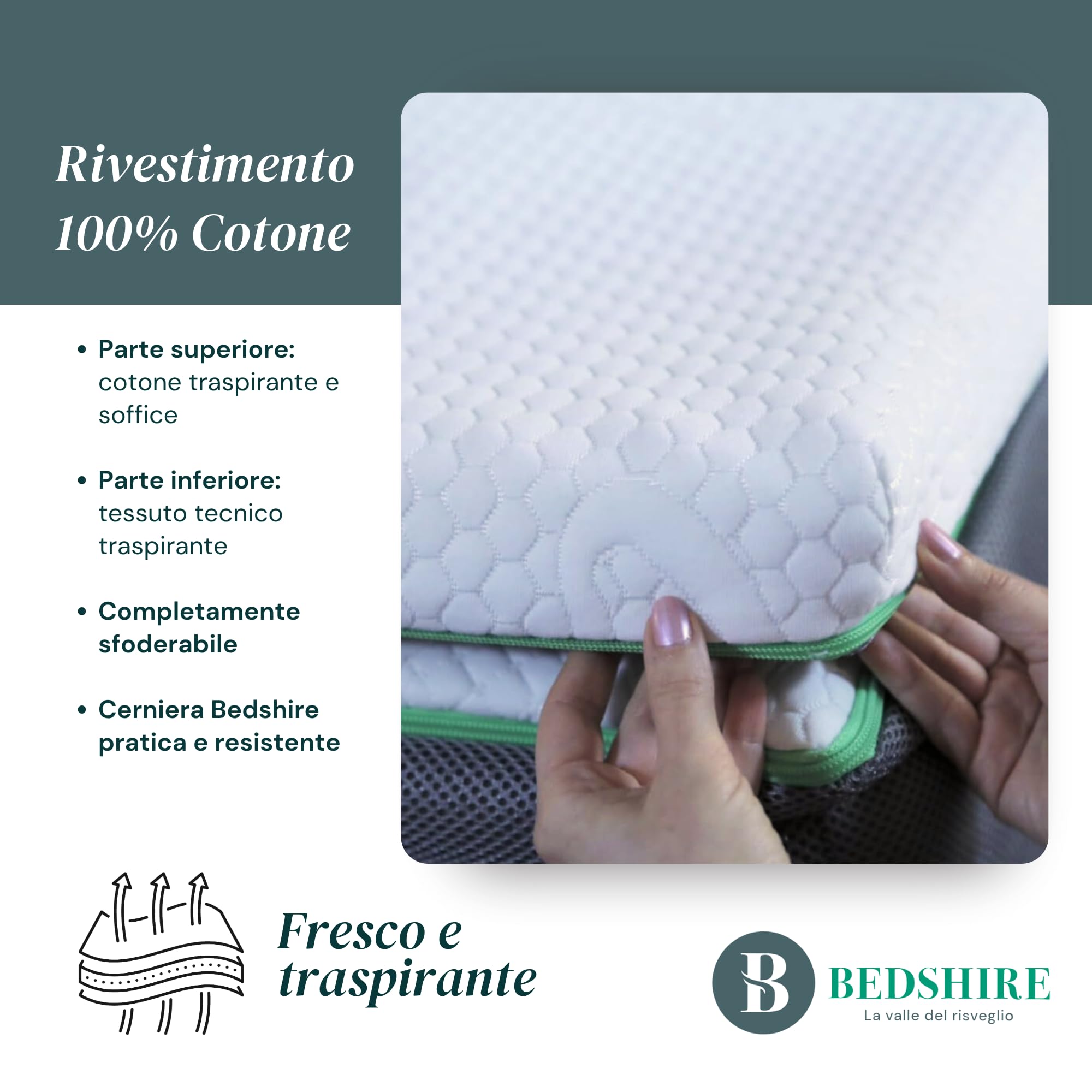 Bedshire Topper alla Grafite Matrimoniale 160x190 Materasso Correttore in Memory Foam HD in Grafene Alto 10 cm a 7 Zone con Rivestimento Sfoderabile Futon Ortopedico Made in Italy 100%