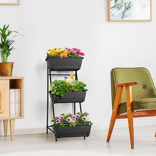 Miniatura 3 de Macetero vertical de jardín elevado de 3 niveles, maceta elevada independiente, soporte para macetas elevadas para hierbas al aire libre con bandeja
