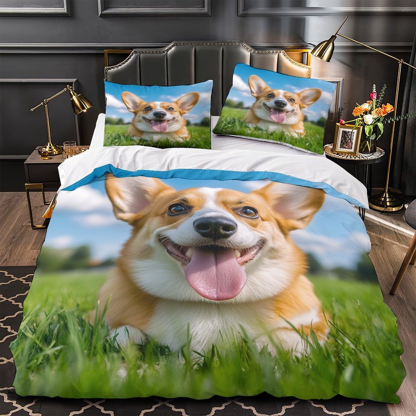 Housse de couette Corgi 3D déco chambre parure lit 3 pièces