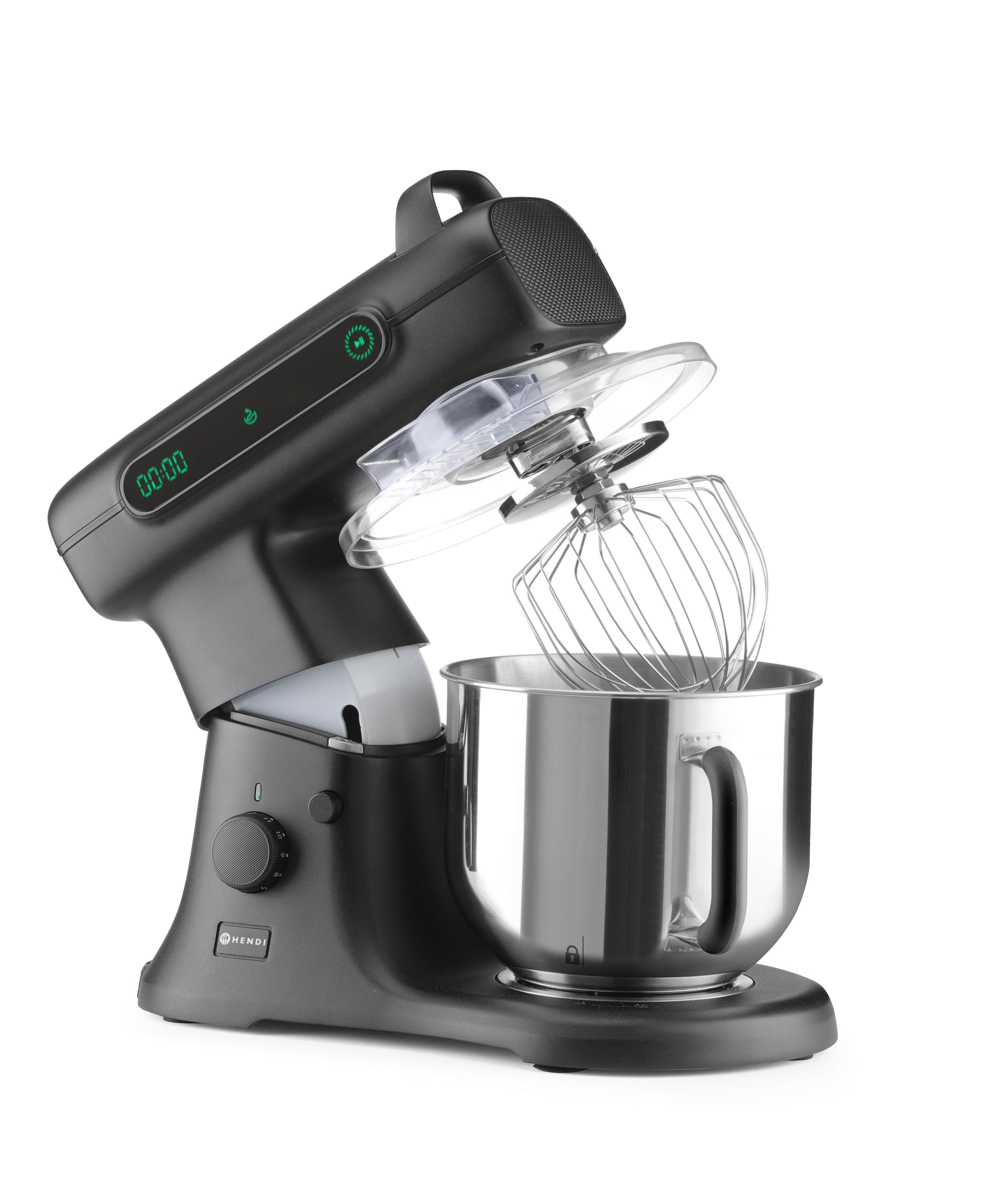 HENDI Batidora amasadora planetaria Blackbolt PRO, 7 L, 800 W, 11 velocidades, temporizador y 4 accesorios aptos para lavavajillas, carcasa de aluminio fundido, 470x263x(H)413mm, negra
