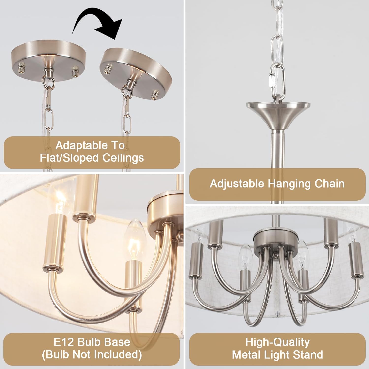 18'' Drum Chandeliers for Dining Room, 6-Light Modern Farmhouse Chandelier Linen Pendant Light, Brushed Nickel Round Chandelier Hanging Light Fixture for Living Room Bedroom Foyer
