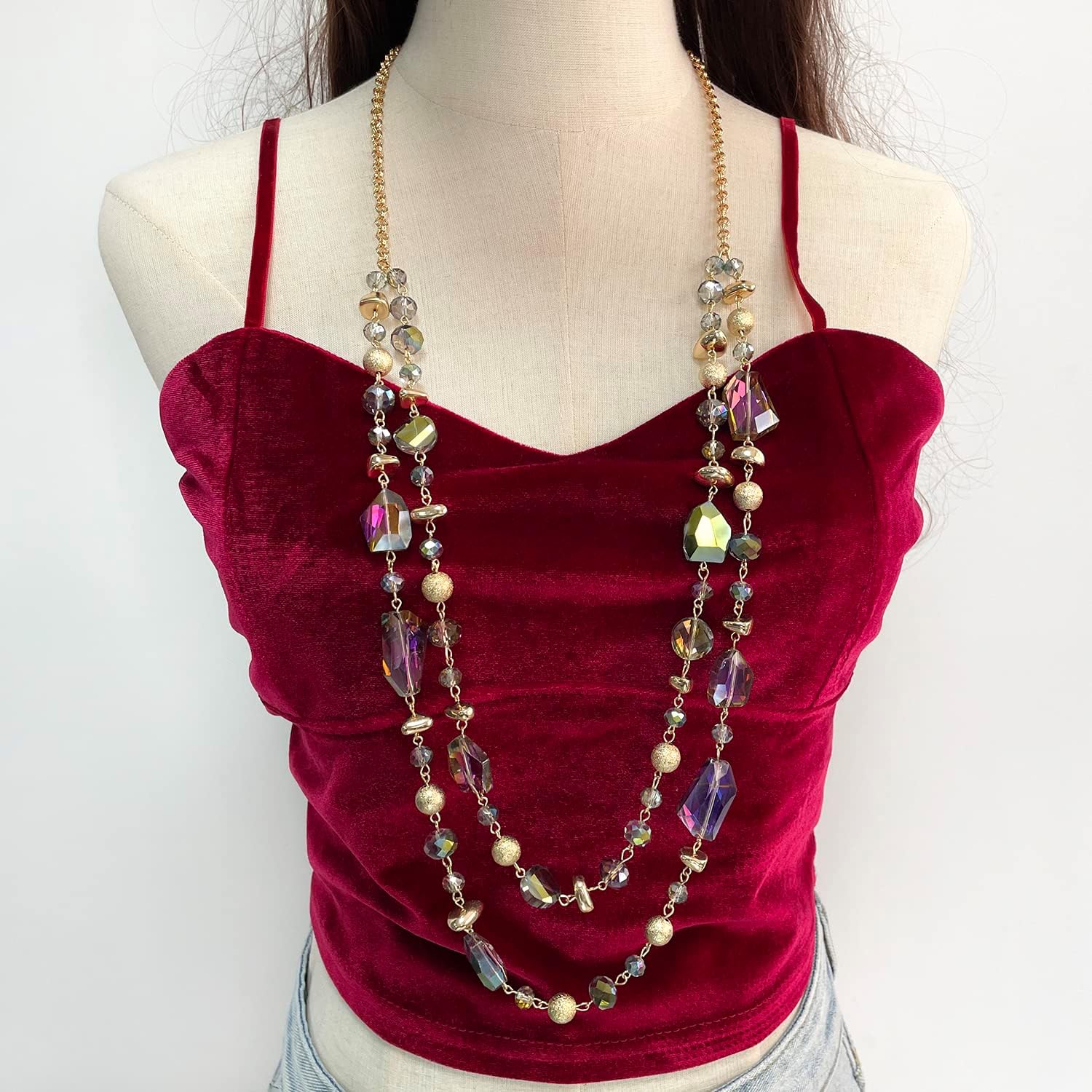 Bocar 2 Layer Long Beaded Necklace Crystal Beads Strand Fashion Jewelry for Women