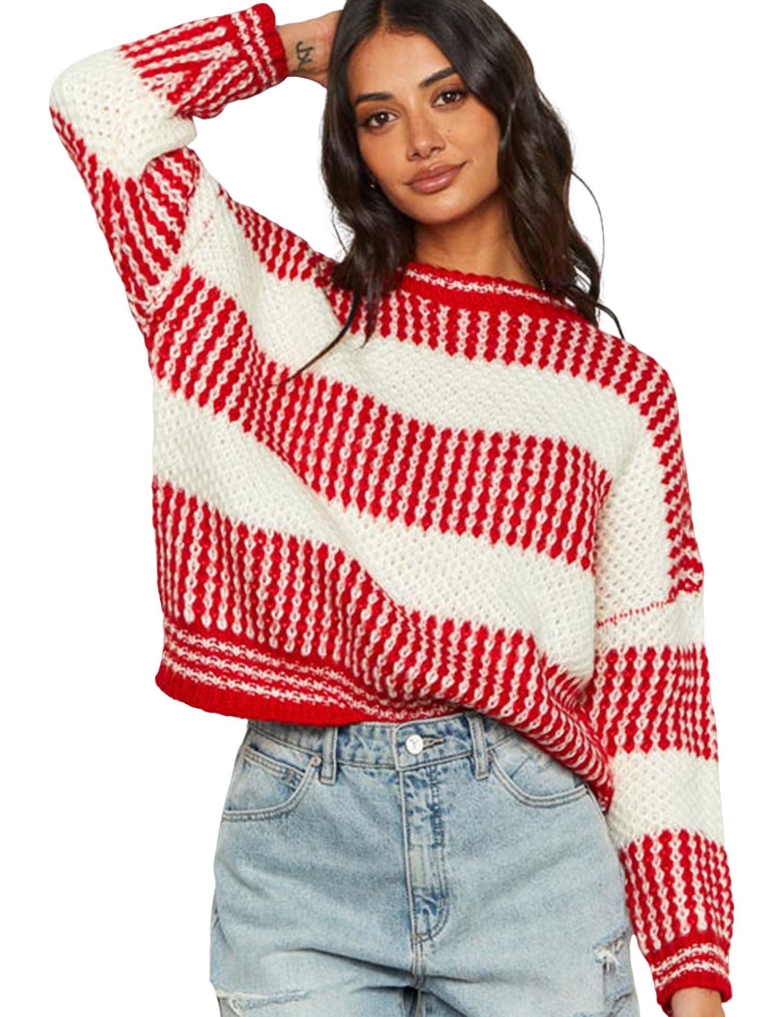 ZAFUL Womens Halloween Knit Sweater Crew Neck Pumpkin Print Pullover Long Sleeve Casual Loose Jumper Crop Tops