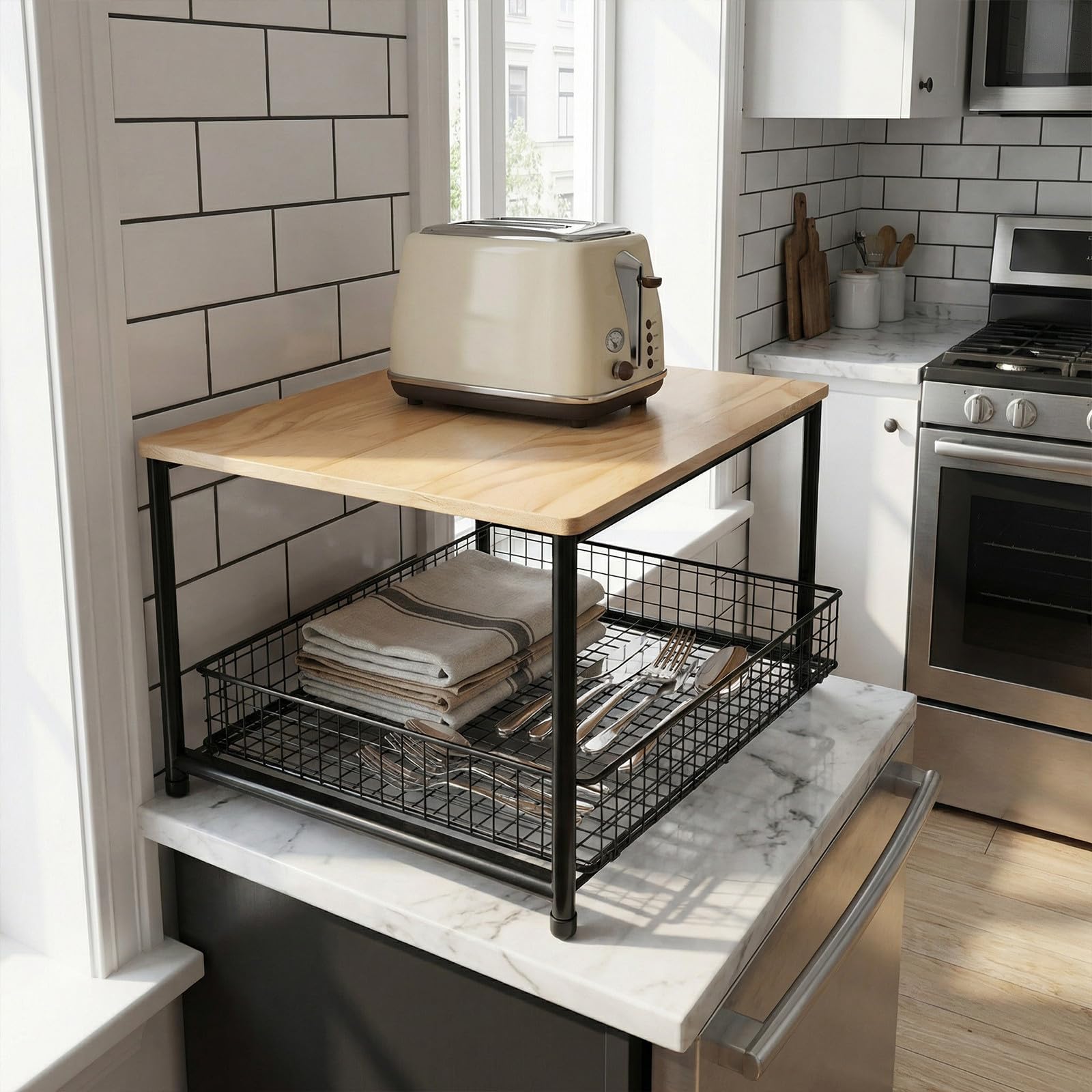 Encimera: estante de cocina de metal con cajón extraíble para freidora de aire, microondas, horno y soluciones de almacenamiento de cocina en el hogar