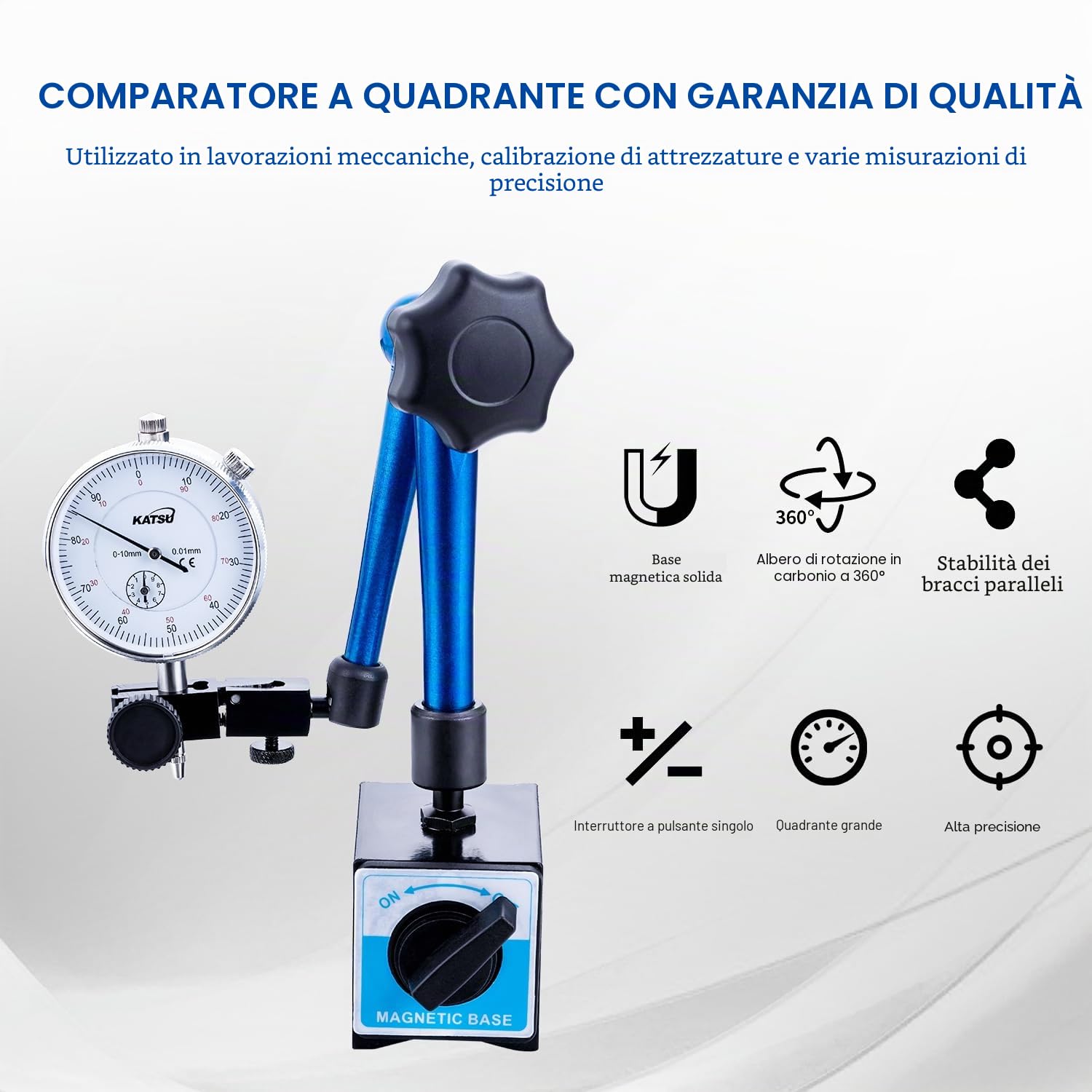 KATSU Indicatore a Quadrante Calibro con Base Magnetica e Set di 22 Punti Indicatori, DTI 0-10mm 0.01mm Strumenti di Misura ad Alta Precisione 401118
