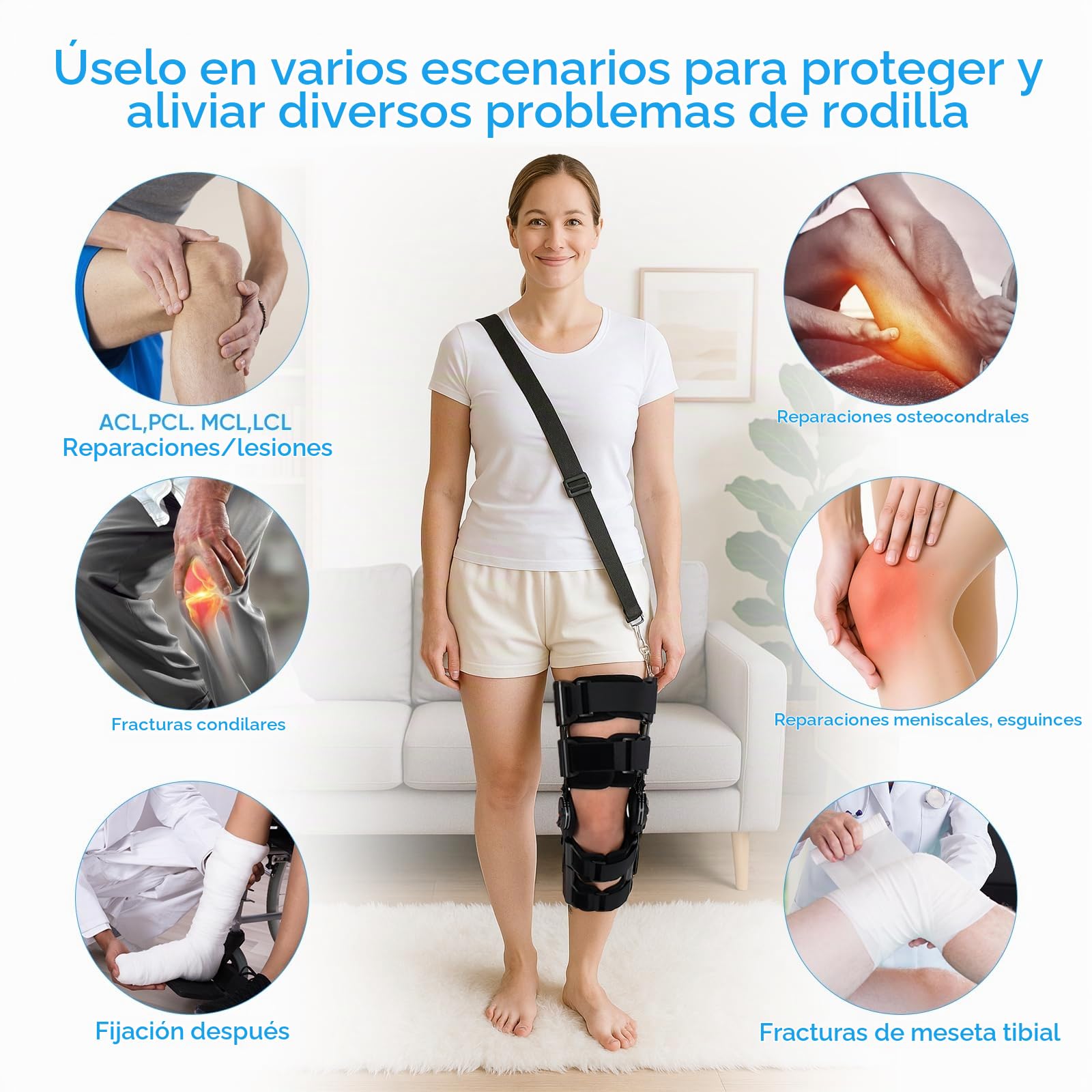 Rodillera Ajustable ROM Inmovilizador de rodilla con bisagras ROM Soporte De Rodilla Ajustable postoperatorio Inmovilizador de rodilla para hombres y mujeres(Viene con correa para el hombro)