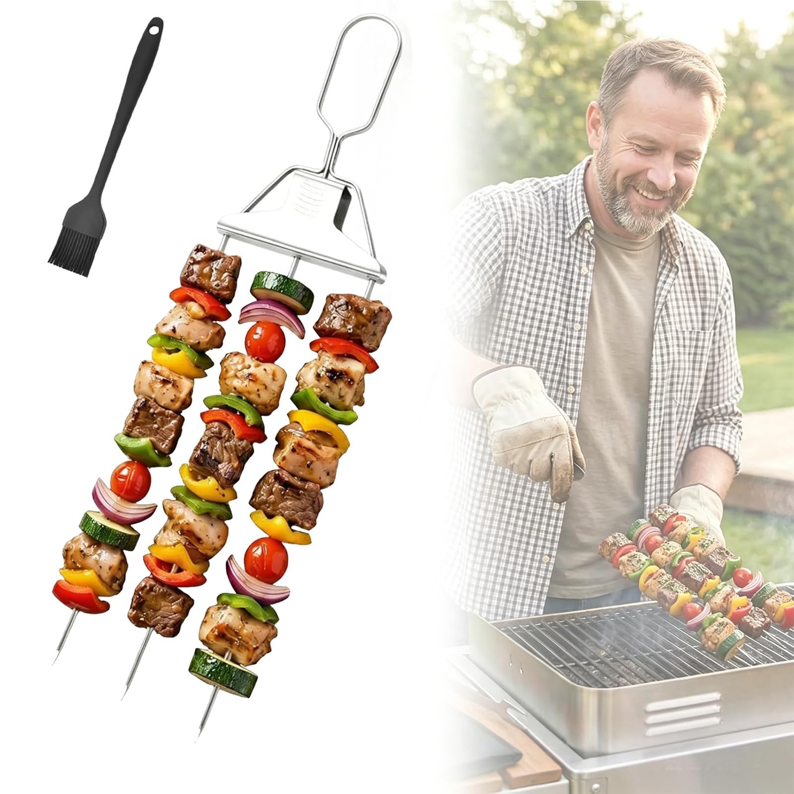 3-Way BBQ Metal Skewer Kit Stainless Steel Kebab Sticks with Push Bar Slider Reusable Kabob Skewers Outdoor Grill Accessories for Meat Vegetable Chicken (1PCS)