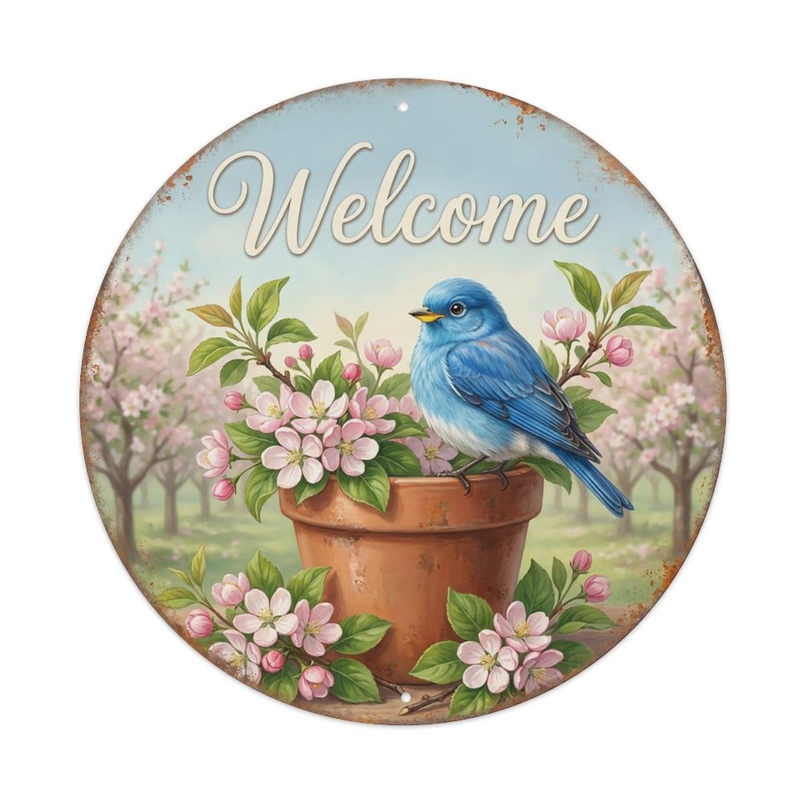 Welcome Bluebird Apple Orchard Vintage Metal Tin Sign Plaque Wall Decor for Cafe, Club Bar, Office, Garden Metal Poster 8x8Inch
