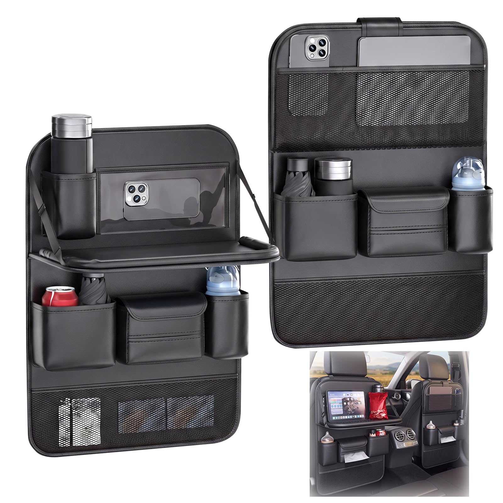 Confezione da 2 organizer per sedile posteriore dell'auto, in pelle, con vassoio pieghevole, grande organizer con vassoio pieghevole e tasca con supporto per tablet, per riporre in ordine giocattoli e