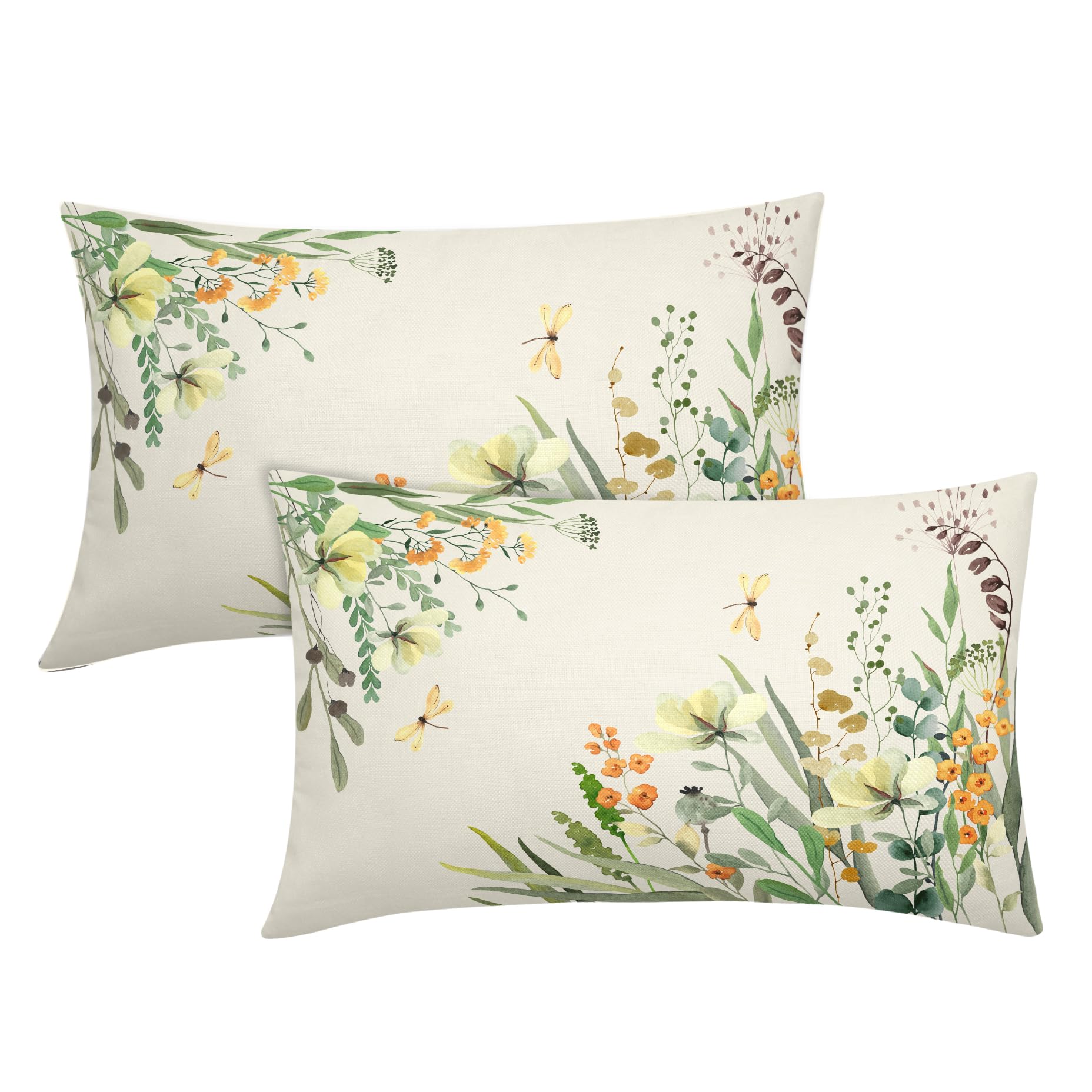 Set 2 Federe Per Cuscini 30x50 Cm – Foglie Verdi E Farfalle, Misto Lino, Cerniera Invisibile
