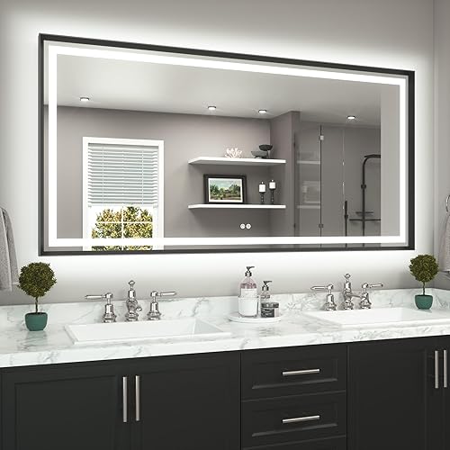 Miniatura 36 de TETOTE Espejo LED de baño de 24 x 32 pulgadas, marco de metal dorado cepillado frontal y retroiluminado, espejo de tocador antiniebla, regulable Oro