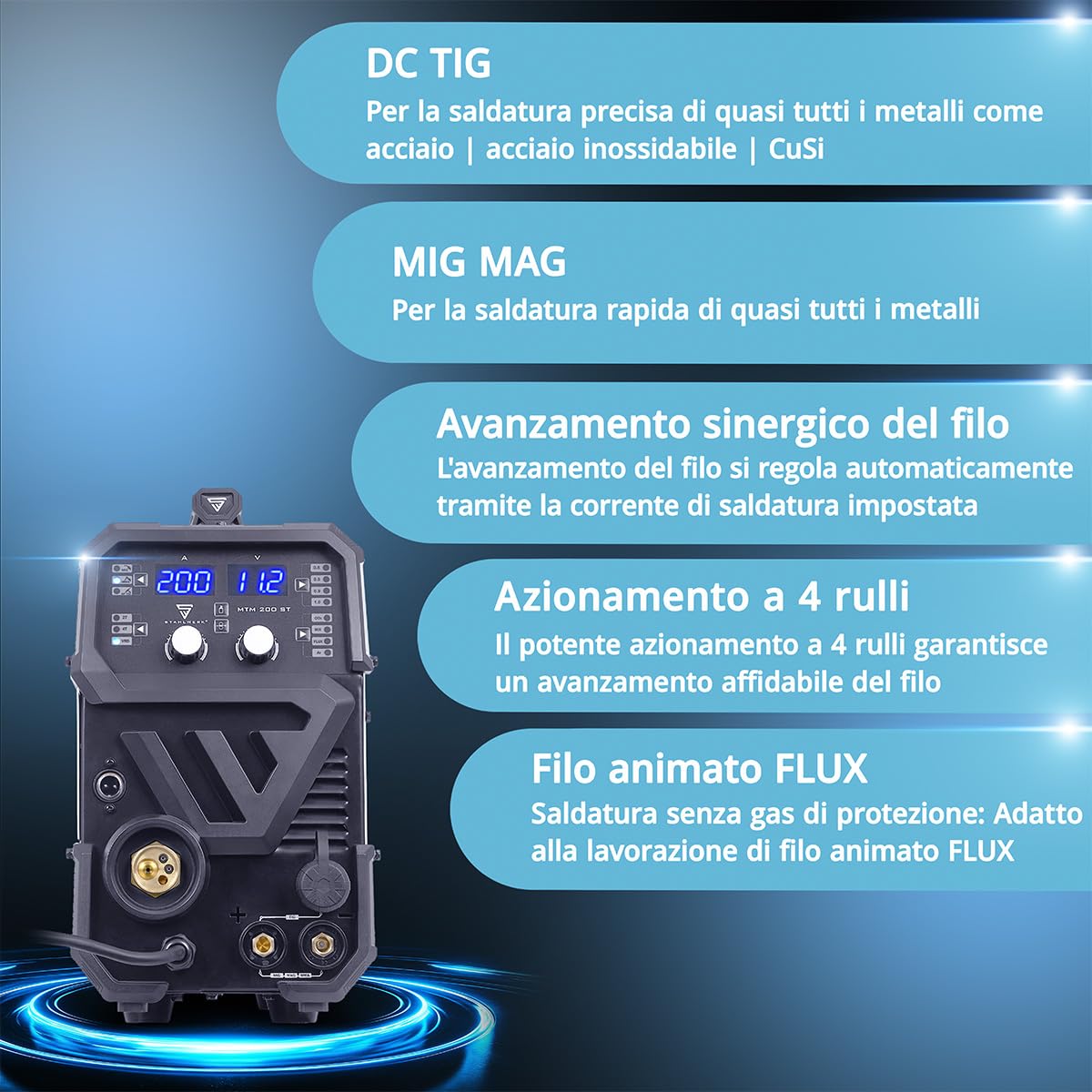 STAHLWERK Saldatrice combinata 3-in-1 MTM-200 ST – Inverter per TIG, MIG/MAG, MMA fino a 200 A, avanzamento sinergico, 4 rulli, per filo animato, acciaio, lamiere sottili
