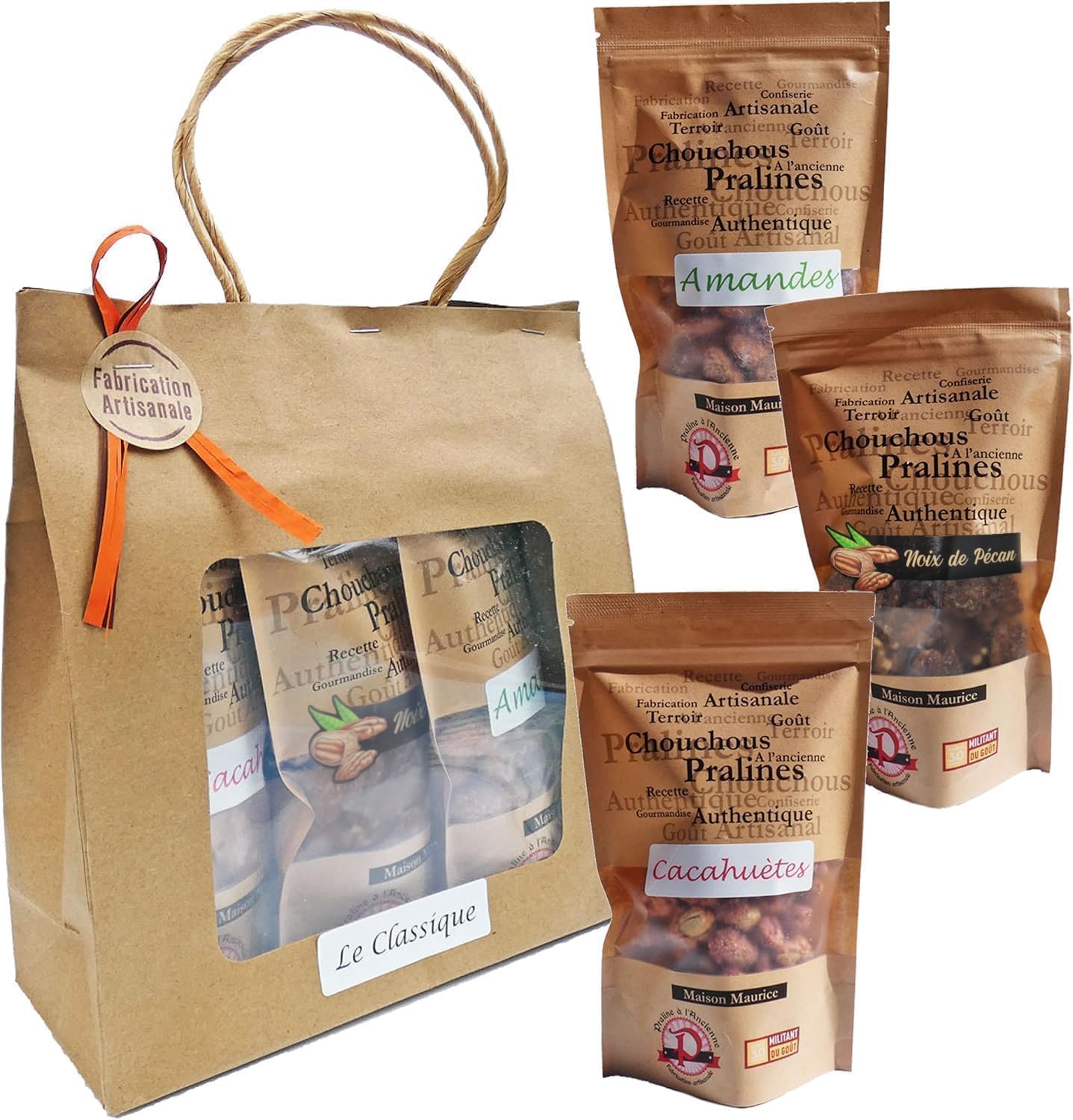 Pralinés a la Antigua - Caja de Regalo de Pralinés «Clásicos» - Delicias Artesanales Favoritas - Almendras, Pacanas, Cacahuetes - 3 Bolsitas - 430 gr - Fabricado en Francia