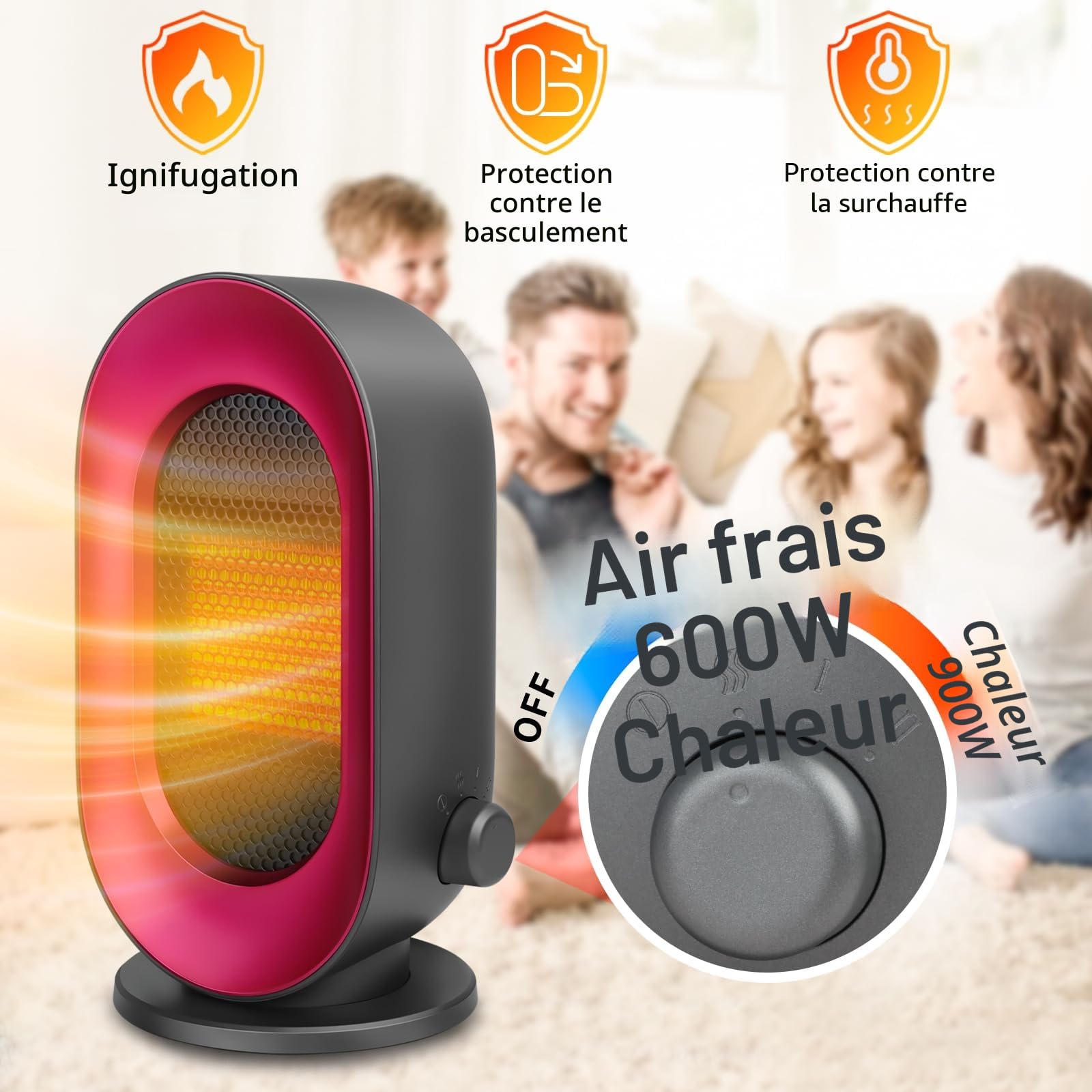Sendowtek Petit Chauffage d'appoint 900W, Mini Radiateur Electrique avec 3 Modes, Protection Anti-surchauffe et Anti-basculement, Portable Chauffage Soufflant pour Bureau Chambre Intérieur