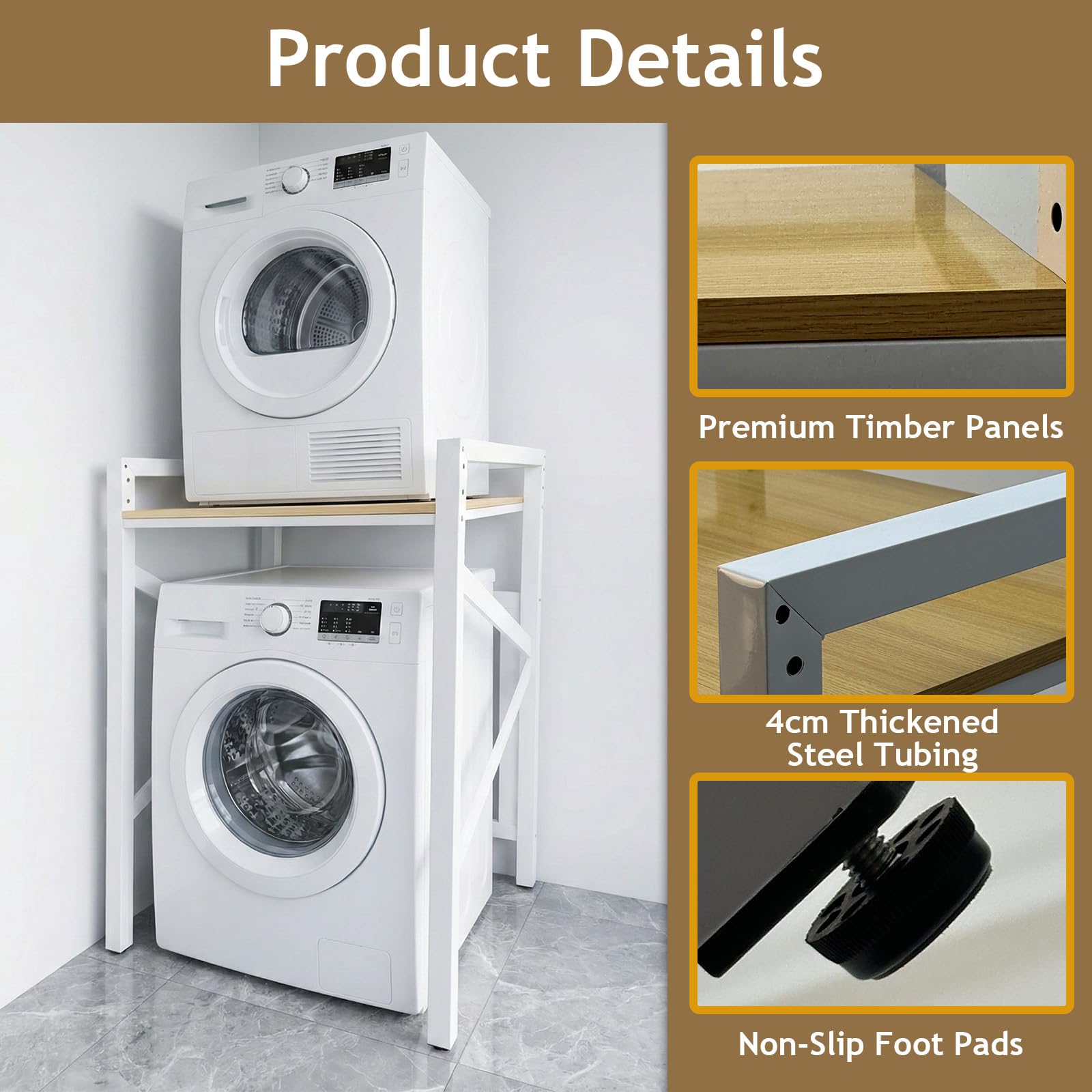 Kit de apilamiento de soporte para lavadora y secadora, armario de lavadora ajustable de 3 alturas, ahorro de espacio sobre lavadora y secadora con encimera para baños, lavandería
