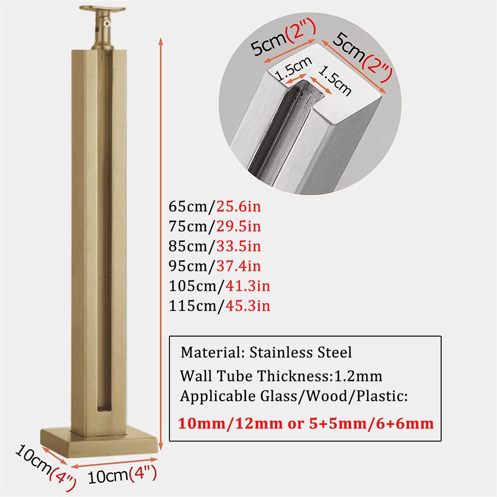 Uchwyt bezpieczeństwa ze stali nierdzewnej do szklanych słupków balustradowych 85/95/105/115 cm, trwały sprzęt do balkonu, schodów, ogrodu i słupka loftenowego, opcja kolorystyczna
