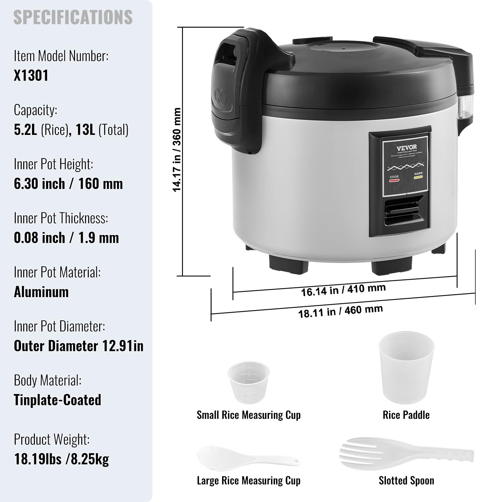 VEVOR Cuiseur à Riz Commercial, Auto-cuiseur de Riz 60 Tasses 13 Litres, Grand Pot Intérieur Antiadhésif, Cuisson Rapide, Maintien au Chaud 24 Heures, avec Tasse Doseur et Spatule, pour Restaurant