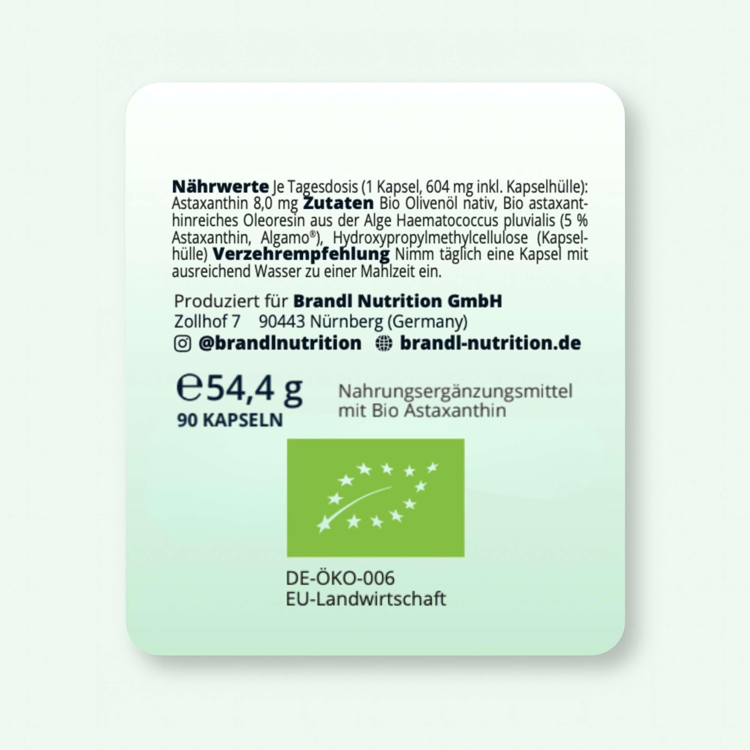 Astaxanthin hochdosiert Bio Kapseln mit Antioxidantien - 90 vegane Astaxanthinkapseln je 8 mg bio Astaxanthin brandl® - ohne Zusatzstoffe, abgefüllt in Deutschland Premium-Qualität, laborgeprüft