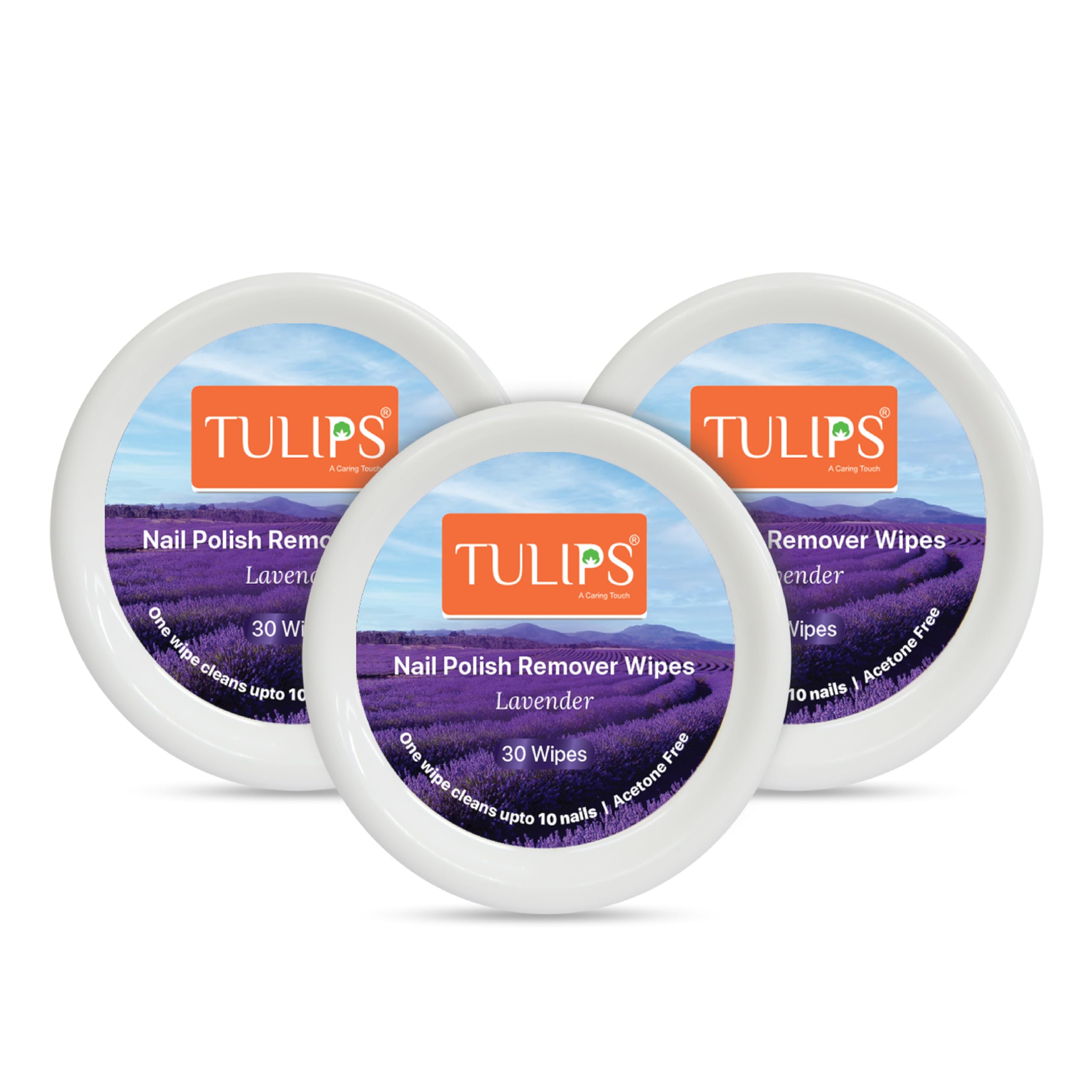 Tulips Nail Polish Remover Wipes, Enriched with Lavender Oil & Tea Tree Oil (30 Wipes each) (Pack of 3)-image-0