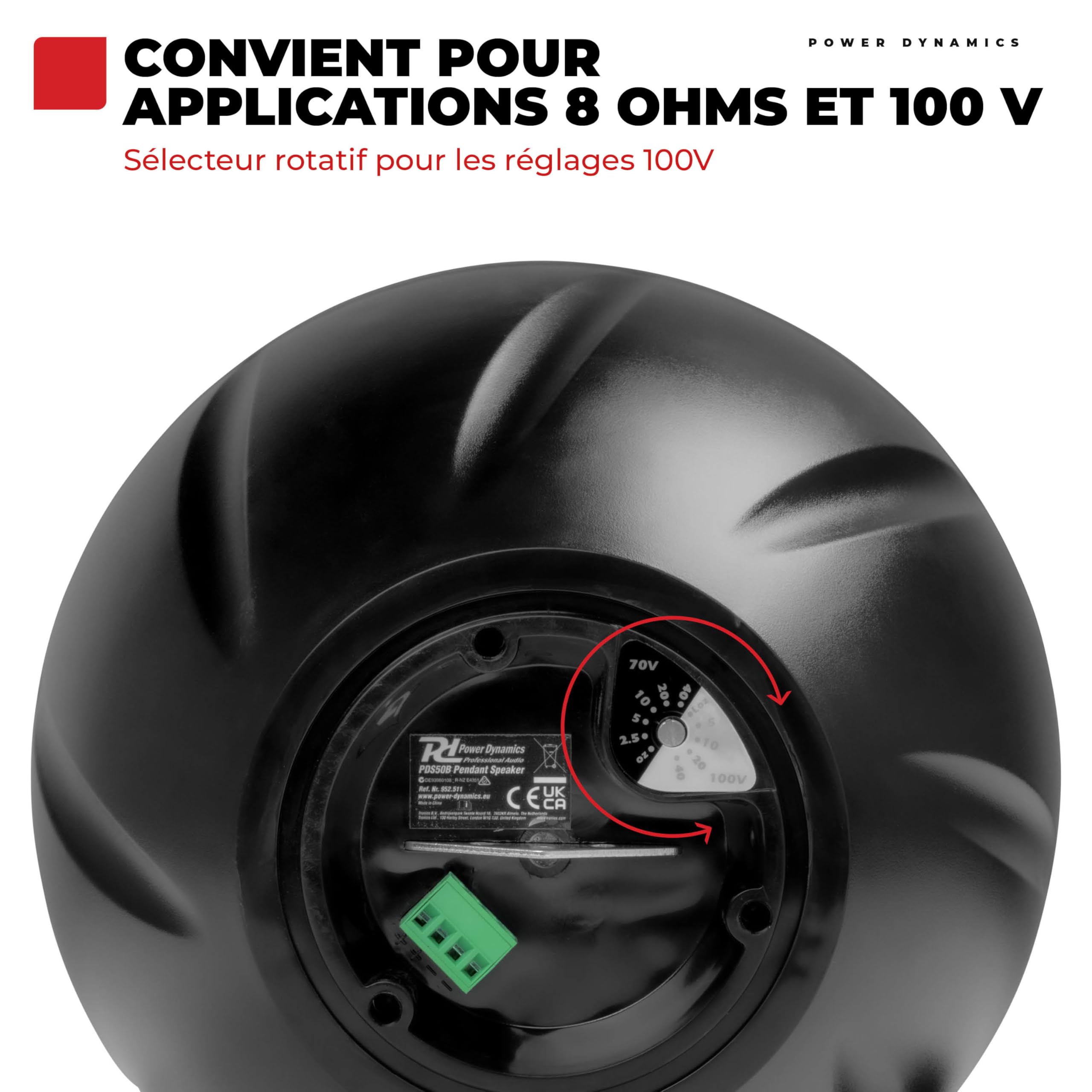 PDS50B Enceinte à Suspendre 2 Voies 6,5 Pouces, Noir, Compatible 8 Ohms et 100V, Sélecteur de Puissance, Installation avec Câble Suspension, Idéal pour Bureaux, Magasins et Espaces Publics