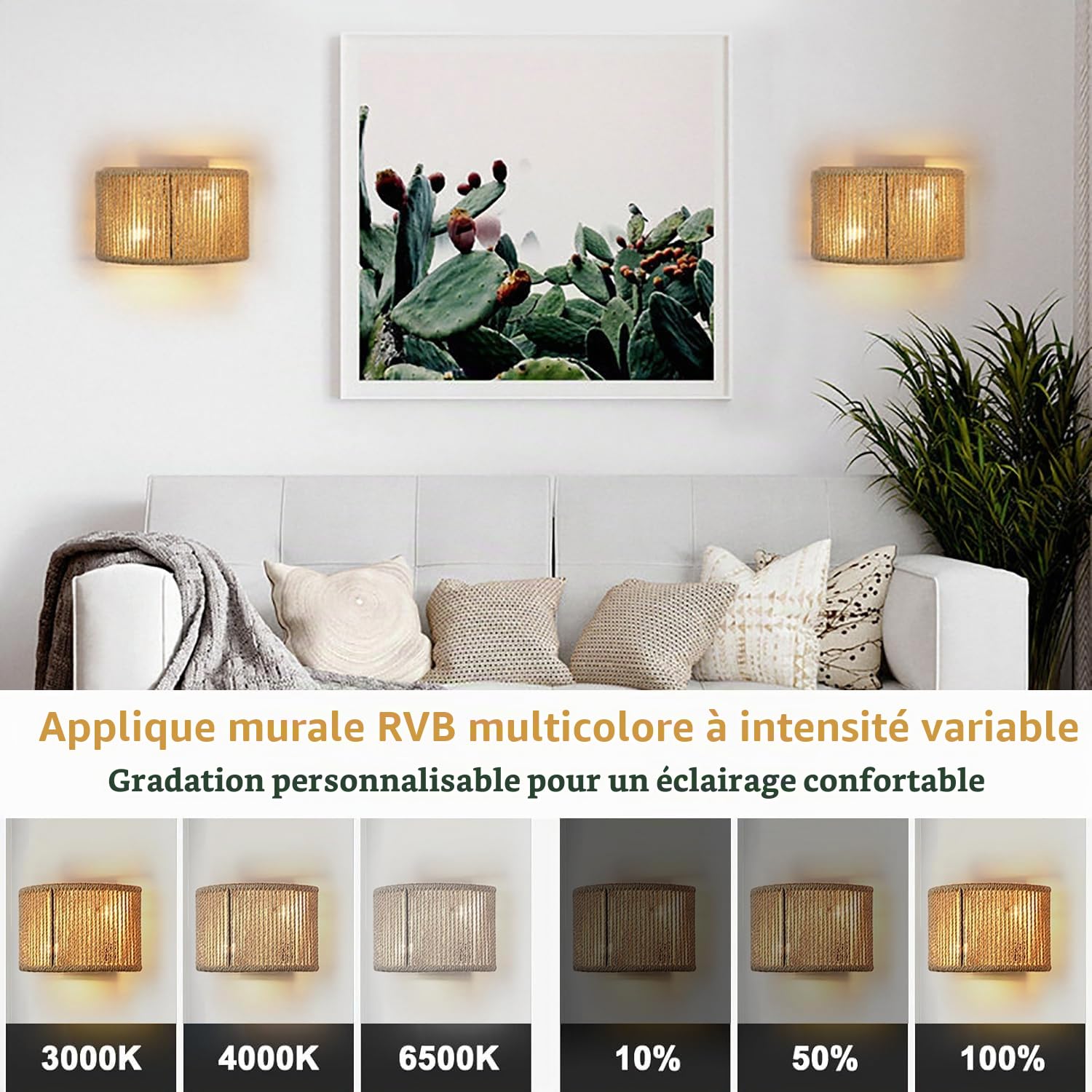 E27 Applique Murale RVB Dimmable Lampe Murale avec Télécommande Corde Chanvre Rotin Bohème Lampe Murale Intérieure Éclairage Mural Retro Luminaires Intérieur pour Salon Chambre Couloir Salon
