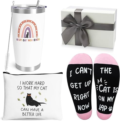 UAREHIBY Regalos para mamá de gato para mujer, vaso de vino de 20 onzas regalo para amantes de los gatos, regalo de mujer loca con bolsa de