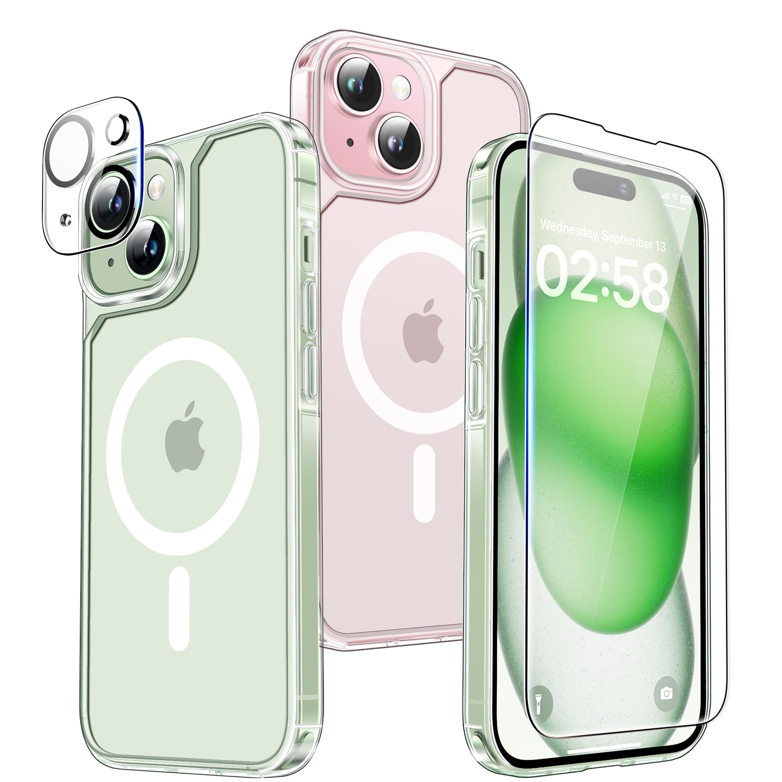 TAURI 5 in 1 Kit Magnetica Cover iPhone 15 Plus [Compatibile con MagSafe] con 2 Pellicola in Vetro Temperato e 2 Pellicola Fotocamera, Custodia Rigida per Sottile Anti-Ingiallimento - Trasparente
