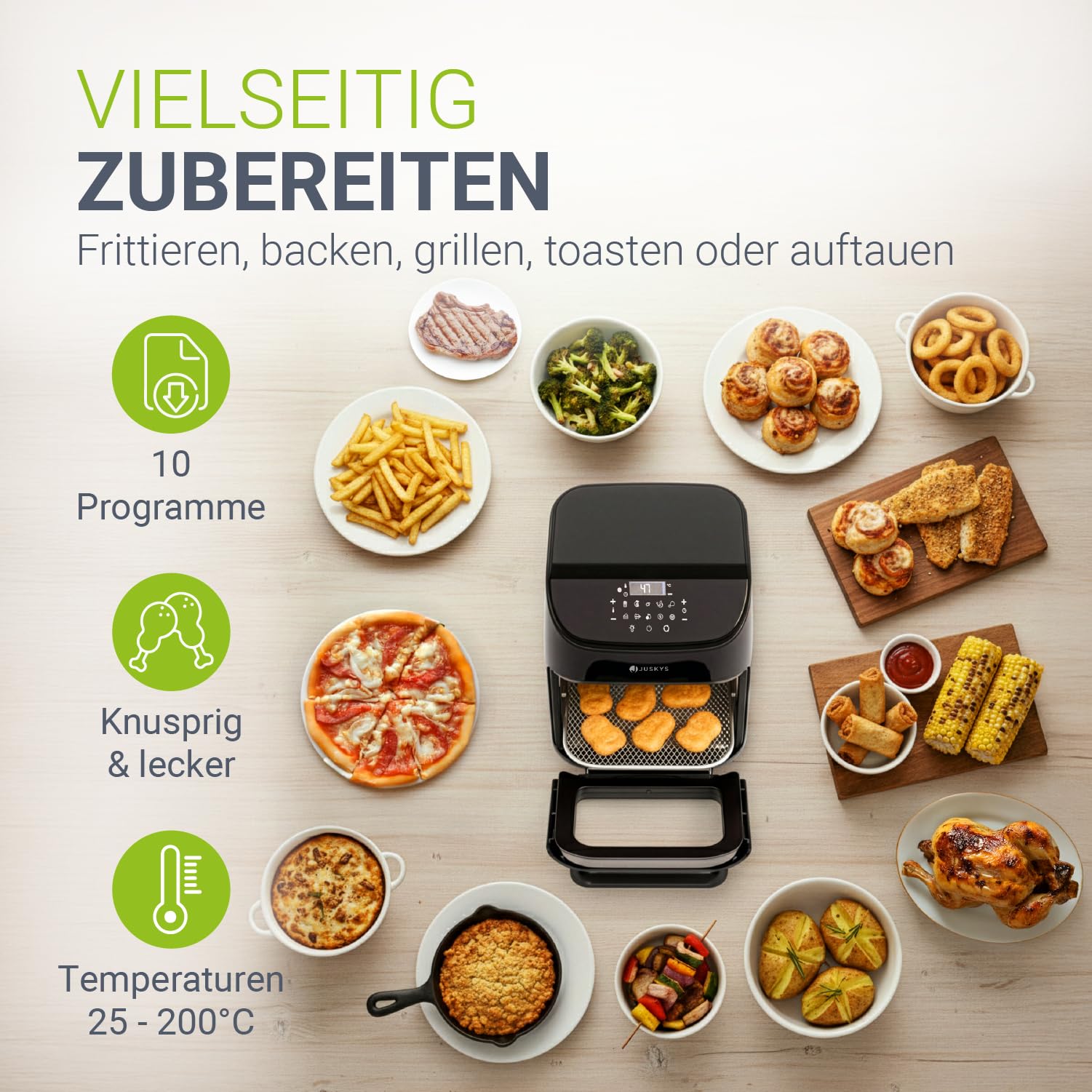 Juskys friggitrice ad aria 12L – nera, Airfryer con schermo LCD touch, 10 modalità, regolazione 25–200 °C & kit completo